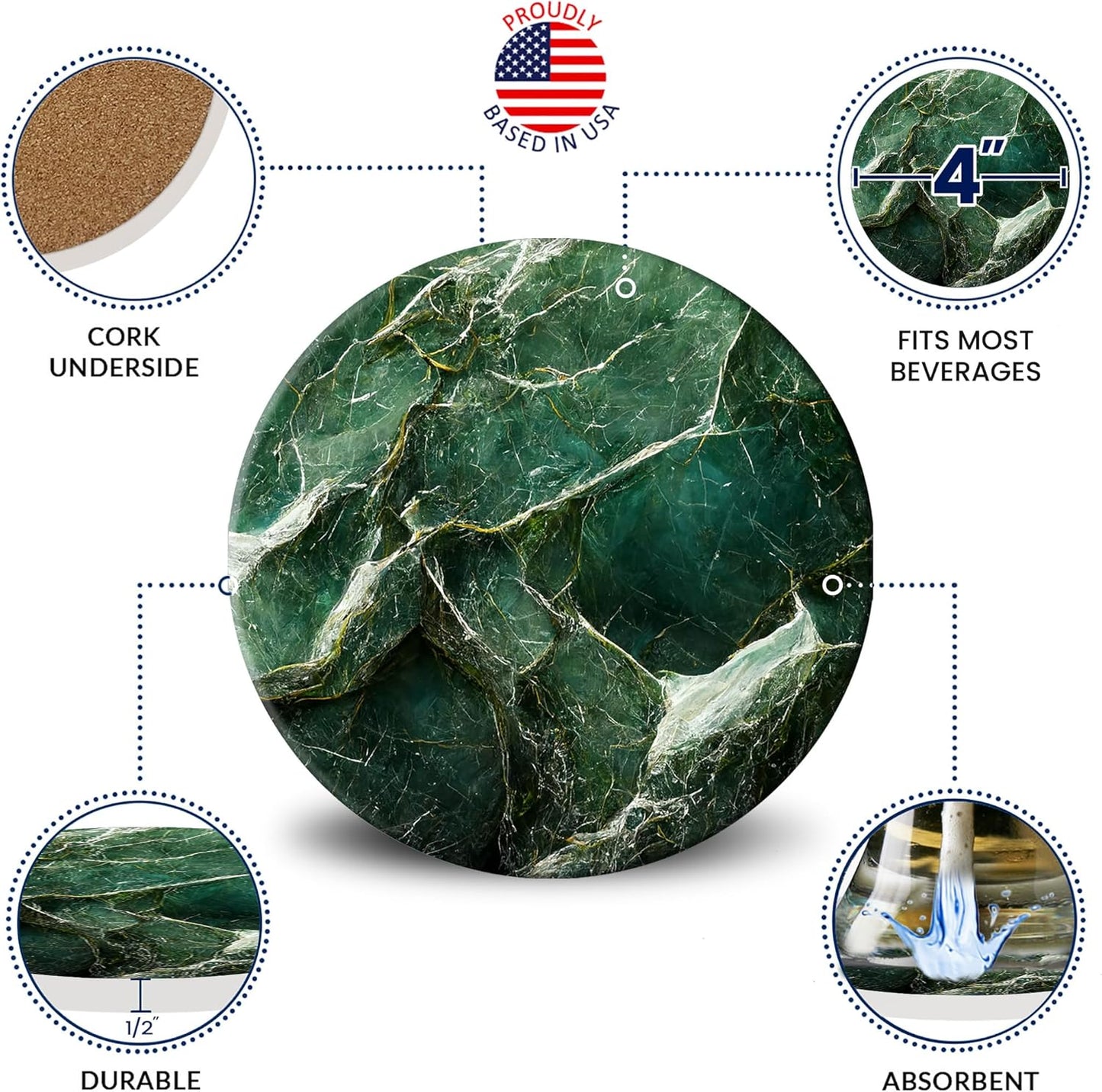 Emerson Coasters for Drinks Absorbent – Dining Table Set of 6 with Holder, 100% Ceramic Wooden Tabletop Protection Marble Style - Non Slip & Cork Bottom - Heavy Duty (Green Marble)