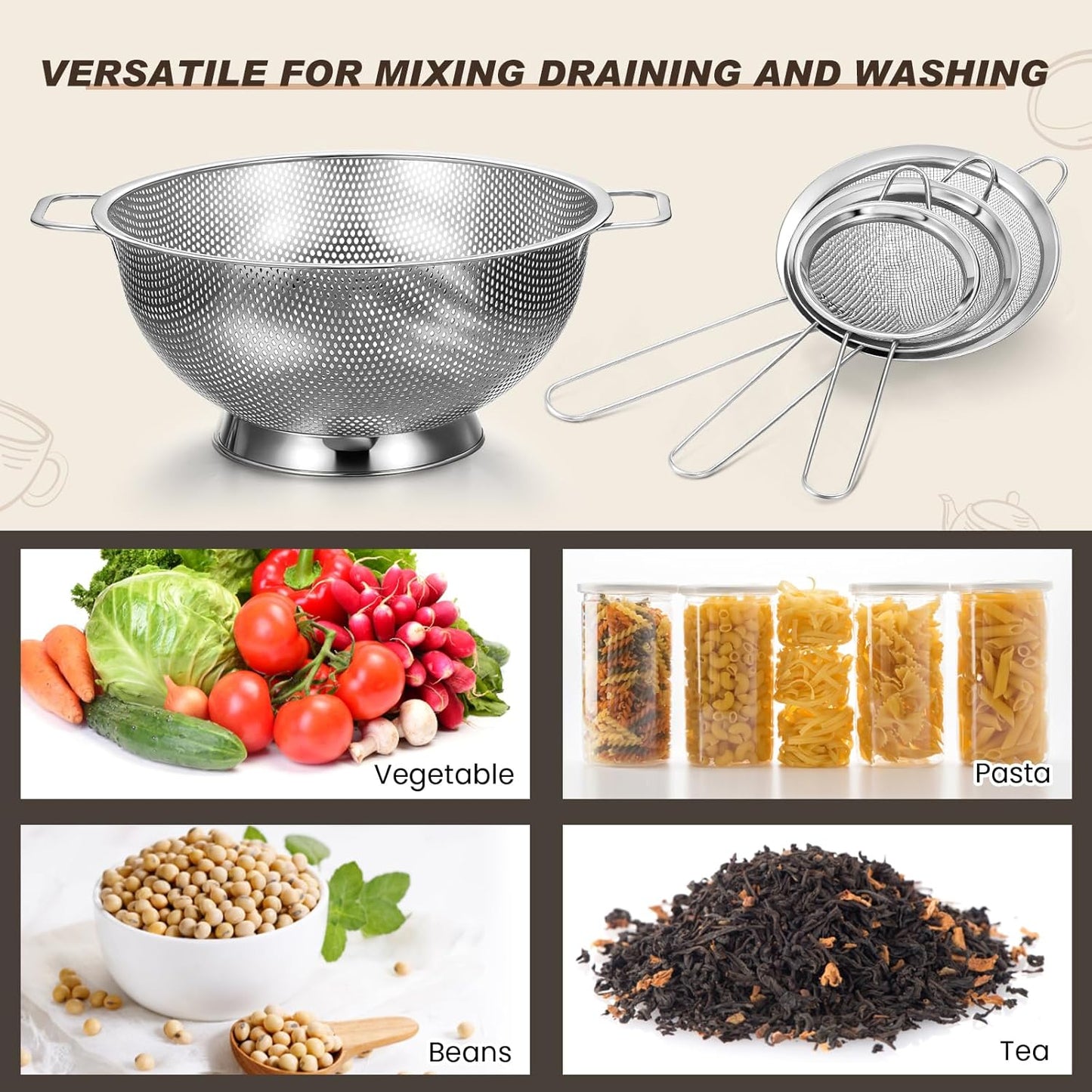 Norme 5 Quart Stainless Steel Silver Colander and 3 Pcs Silver Fine Mesh Strainer, Stainless Steel Pasta Rice Food Metal Strainer with Handles, Easy Clean and Dishwasher Safe