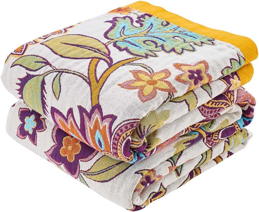 Boho Throw Blanket for Bed, 100% Cotton Soft Rustic Quilt Fall Blanket, 50"x60" Floral Printed Farmhouse Decor Bed Blankets, All Season Rustic Reversible Bohemian Throw Quilt