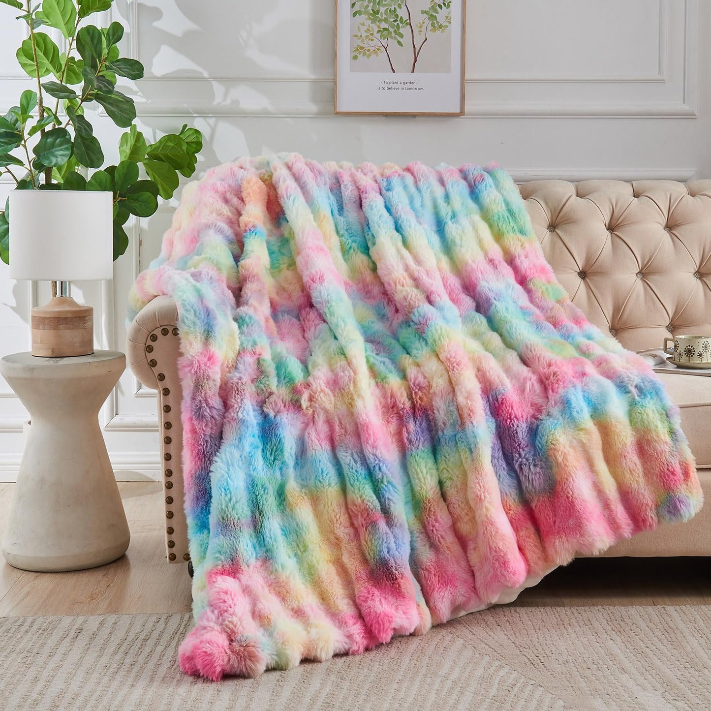 Lotus Karen Queen Size Faux Fur Blanket Rainbow - Big Bubble Rabbit Fluff Blanket for Bed, Large Fluffy Fuzzy Cozy Blanket, Thick Furry Plush Shaggy Blankets, 90x90 Inches