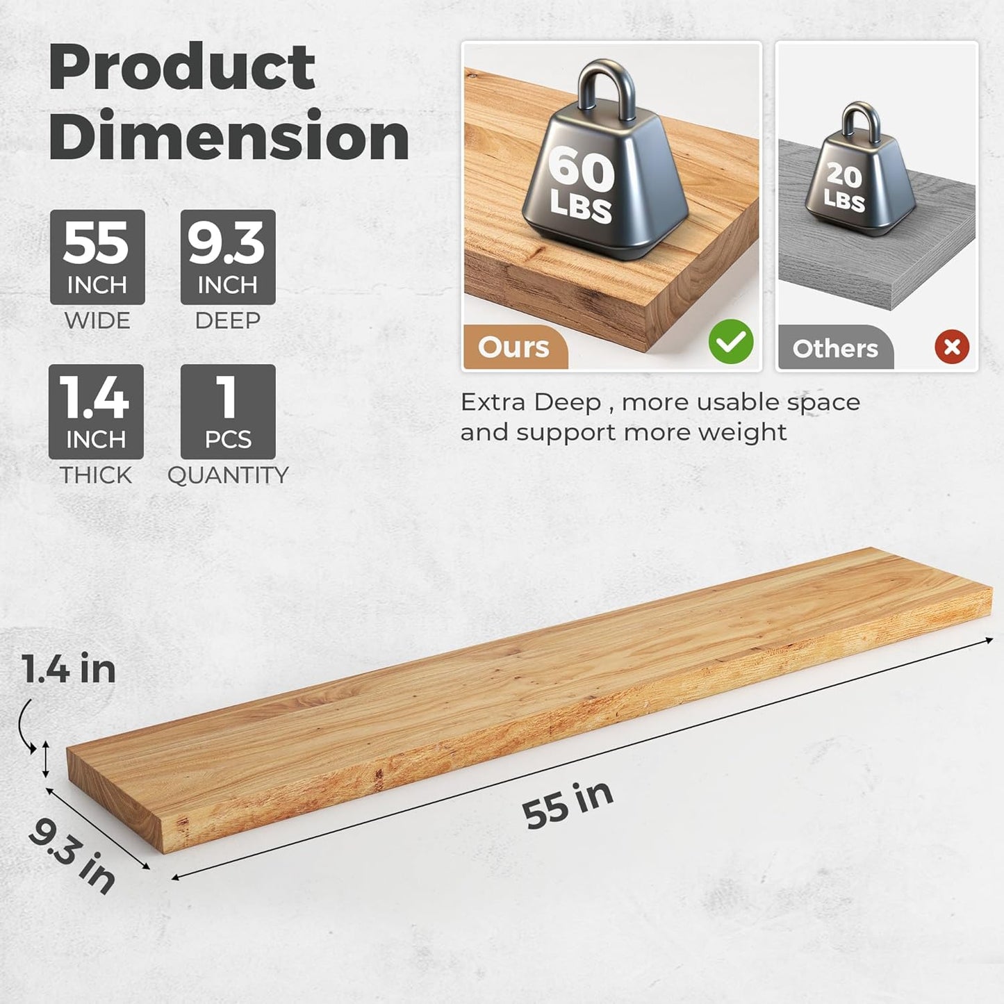 RICHFOCUS Elm Floating Shelves for Wall - 55" W x 9.3" D Rustic Solid Wood Shelves with Invisible Bracket, Wall-Mounted for Living Room, Bedroom, Kitchen Storage & Display, Set of 1, Natural