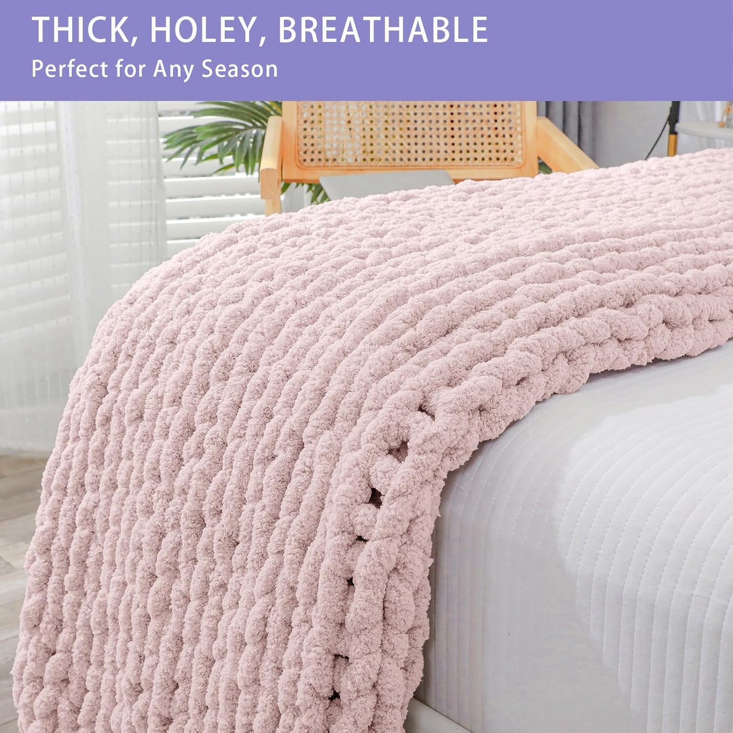 Bigacogo Chunky Knit Throw Blanket for Couch, 51x63 inches, 100% Hand Knitted with Thick Jumbo Chenille Yarn, Cozy Soft Large Rope Knot Cable Crochet Blankets for Sofa Bed Living Room, Rose Tan