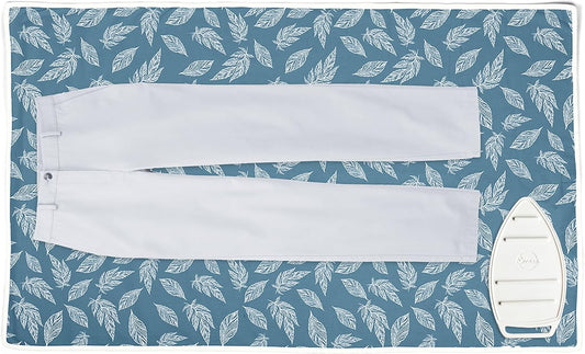 Encasa XO Ironing Mat/Pad (Large 48"x28") with 3mm Padding & Silicone Iron Rest for Steam Pressing on Tabletop or Bed - Heat Resistant, Portable, Quilting & Travel Blanket - Big Leaves Blue