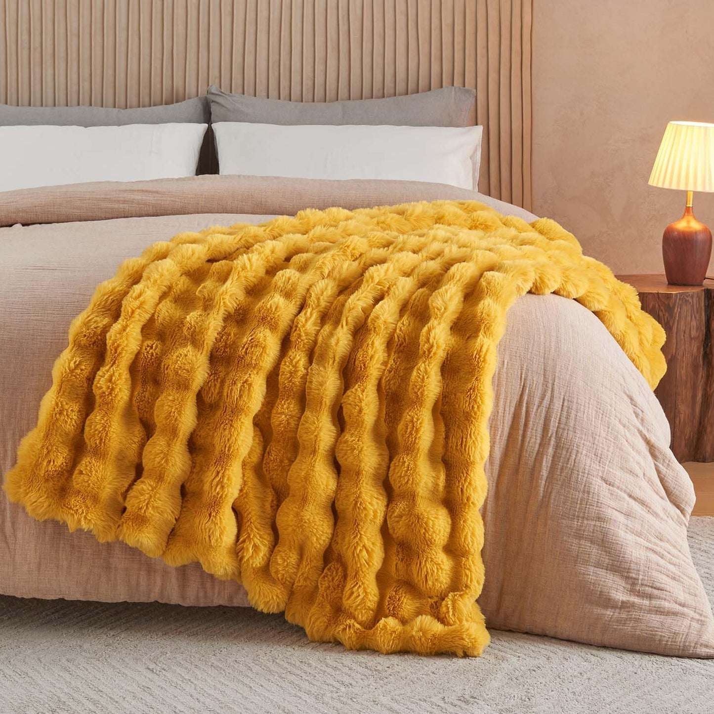 Lotus Karen Faux Fur Throw Blanket Ginger Yellow - Big Bubble Rabbit Fluff Blanket for Couch Bed Sofa,Softest Fluffy Fuzzy Cozy Blanket,Thick Furry Plush Shaggy Warm Blankets for Women,90x90 Inches