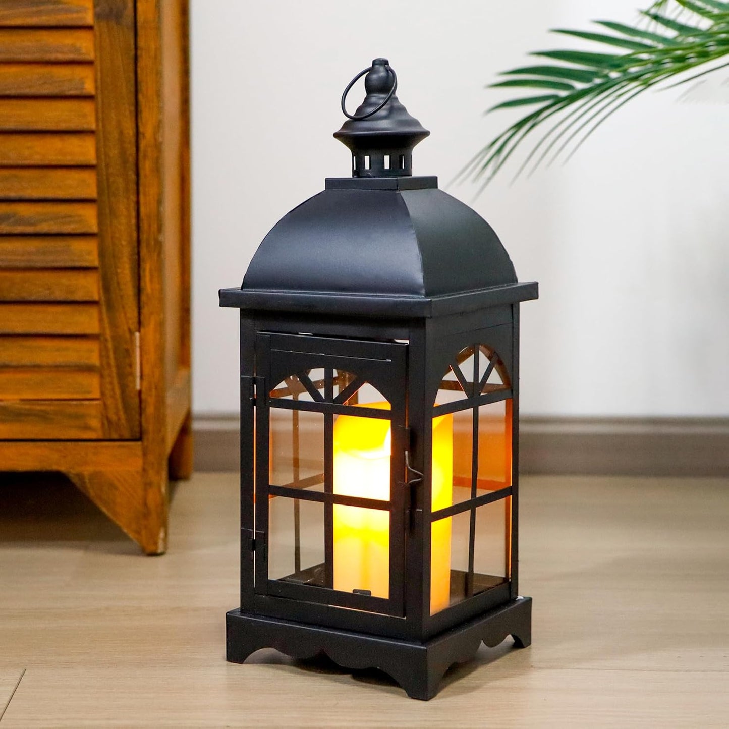 TRIROCKS Decorative Vintage Candle Lanterns 14.5" H Farmhouse Outdoor Hanging Lanterns with Tempered Glass for Porch, Balcony, Patio, Home, Centerpieces, Indoor, Outdoor(Black)
