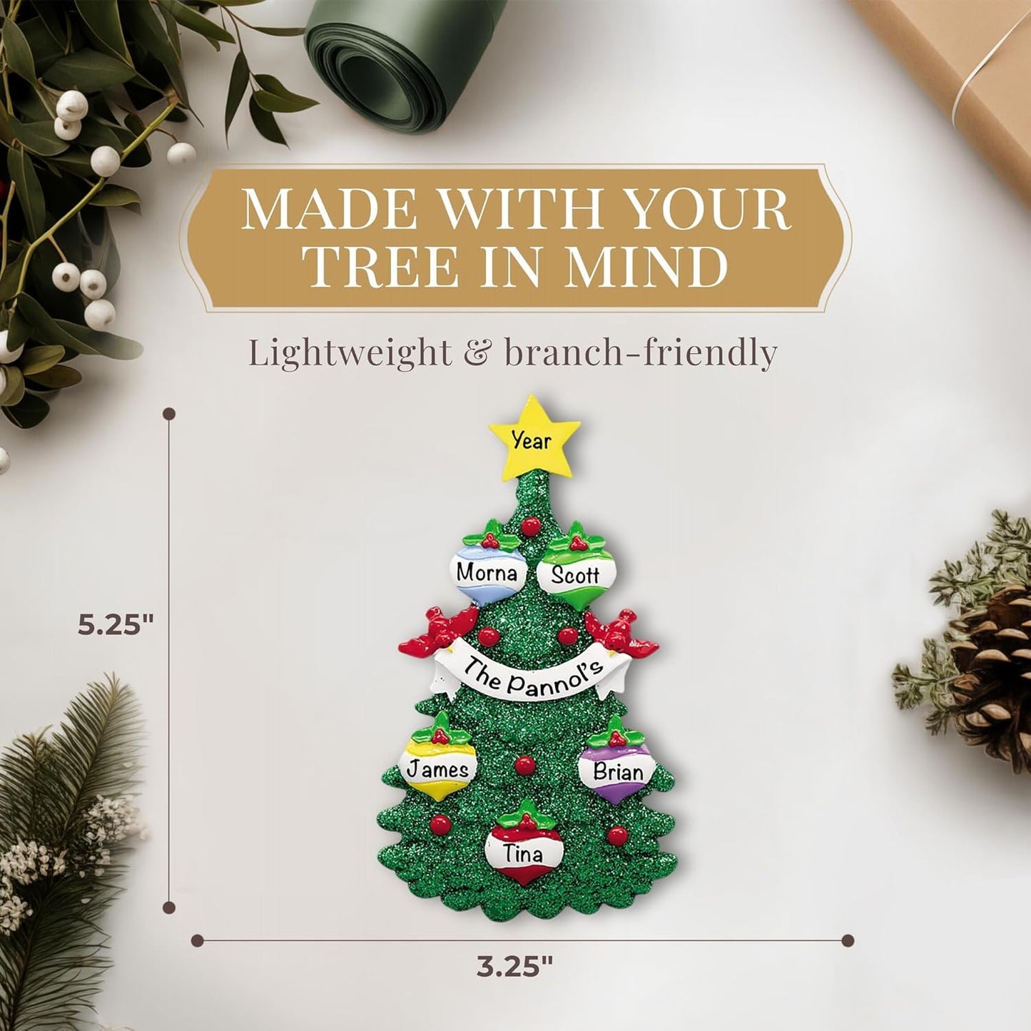 Personalized Family of 5 Ornament 2025 | Free 24h Customization | Christmas Ornaments for Tree | Custom Gift Wrapped Green Glitter Keepsake for Five Persons