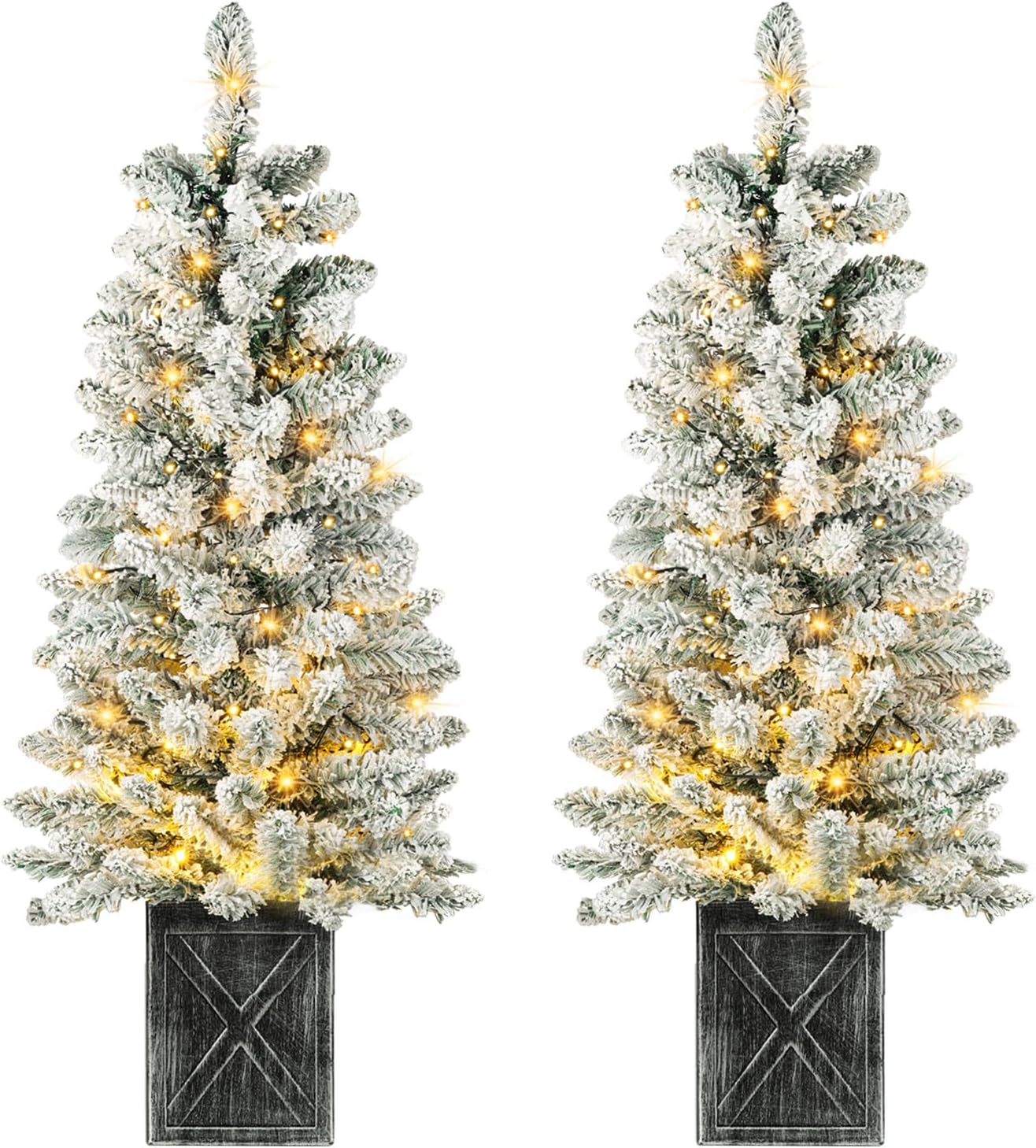 Set of 2 Christmas Trees with Lights 4-FT Artificial Potted Porch Snow Flocked Christmas Tree Battery Powered with 8 Modes and Timer for Indoor Outdoor