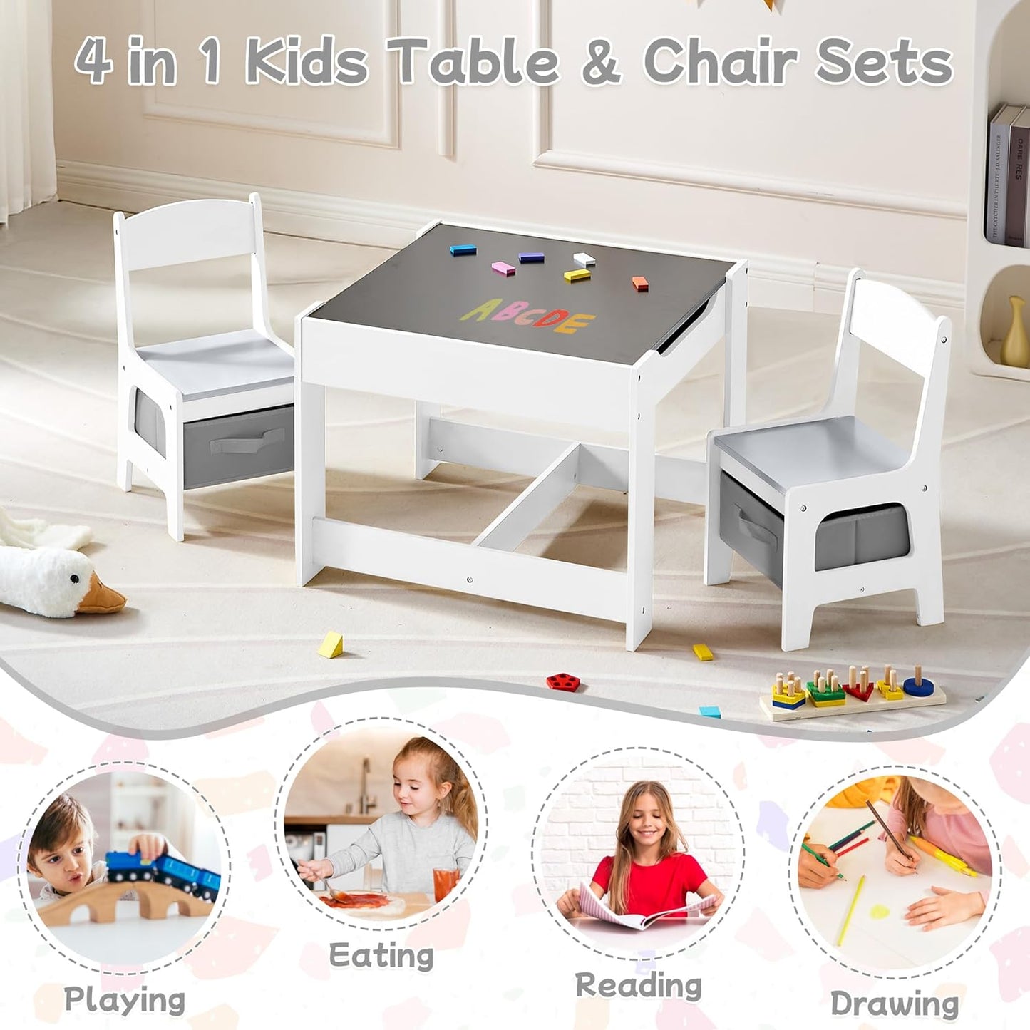 Kids Table and Chair Set, 3 in 1 Wooden Activity Table with Detachable Tabletop, Toddler Table and Chair Set with Storage Drawer, Kids Play Table for Children Art, Craft, Eating, Learning