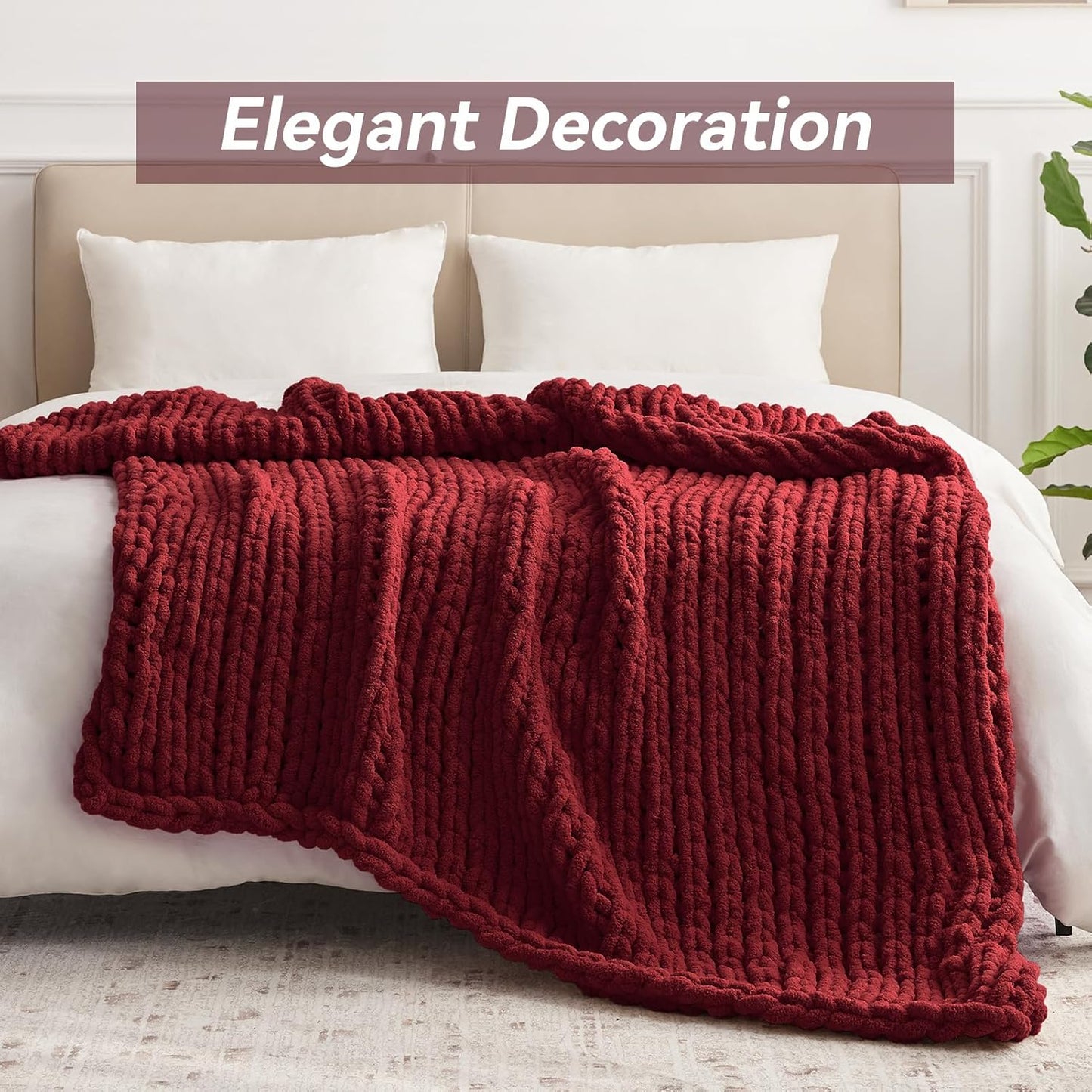 Chunky Knit Throw Blanket, 60''*80'' Knitted Throw Chenille Yarn for Bed Couch, Handmade Red Crochet Big Thick Blanket, Machine Washable Cute Comfy Blanket for Home Decor