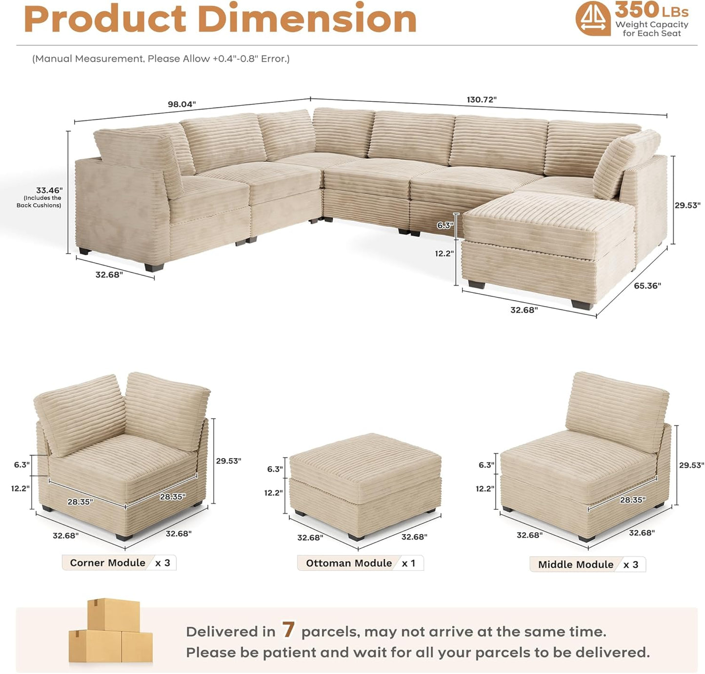 ovios Sectional Sofa Couch with U-Shape Chaise Sofa Bed, Comfy Modular Cloud Couches with Deep Seat, Modern Upholstered Plush Corduroy Sofas Set for Living Room, 7-Seater, Beige