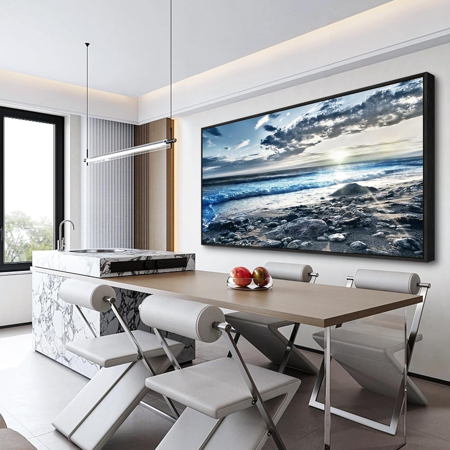 Wapluam Large Canvas Prints Wall Decorations For Living Room Wall Art For Bedroom Office Wall Decor Scenery Wall Painting Blue Sea Pictures Artwork For Fashion Black Framed Beach Posters Home Decor