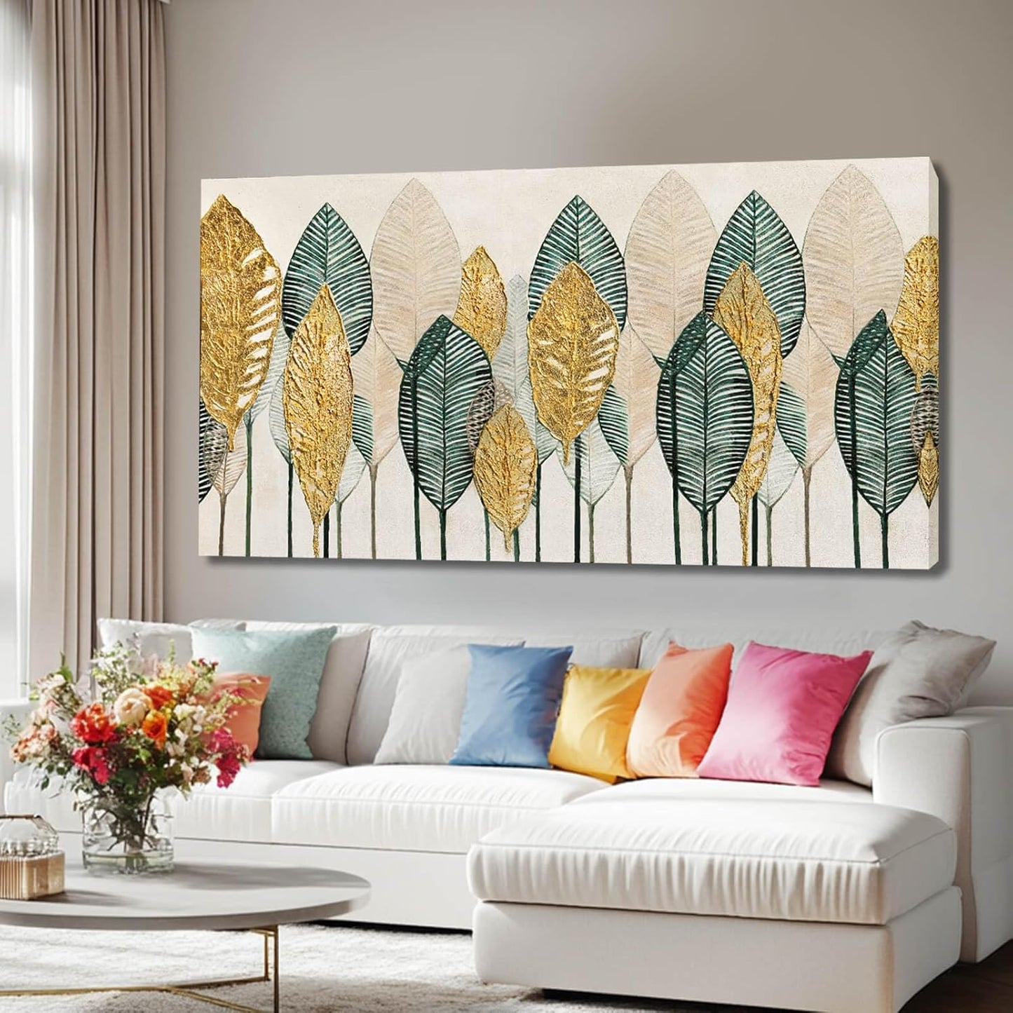CHUDANHAO Green Canvas Artwork Gold Leaves Painting Beige Art Modern Wall Decor for Office Living Room Neutral Wall Art 29"x58" Print Photos