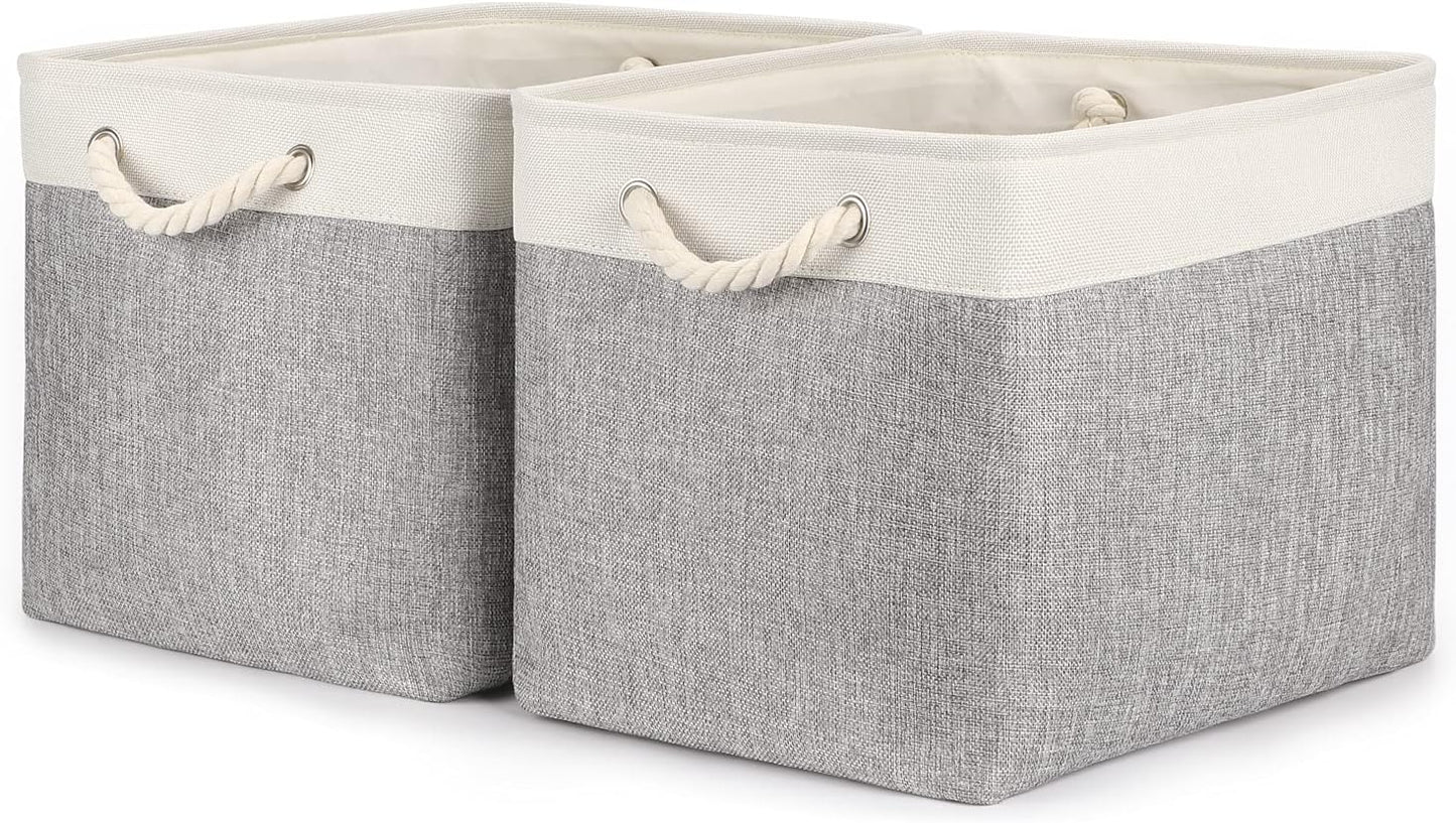 Bidtakay Storage Baskets for Organizing Large Storage Bins for Shelves 2 Pack 16x12 in Fabric Baskets for Blanket Nursery Toy Storage Collapsible Organizer Bins Closet Organizers Storage-Grey&White