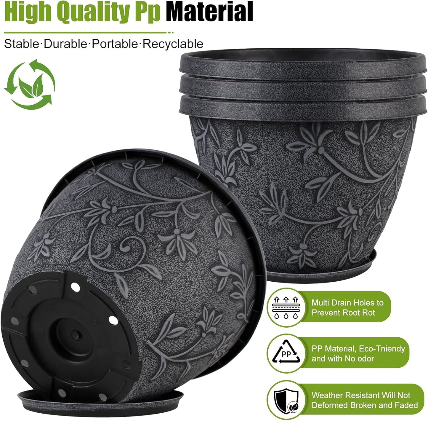 4 Pack 12 Inch Large Flower Pots for Outdoor Indoor, Plastic Plant Pots with Drainage Hole & Saucer, Modern Decorative Garden Pot, Imitation Magnolia Pots for Garden House Planters（Gray）