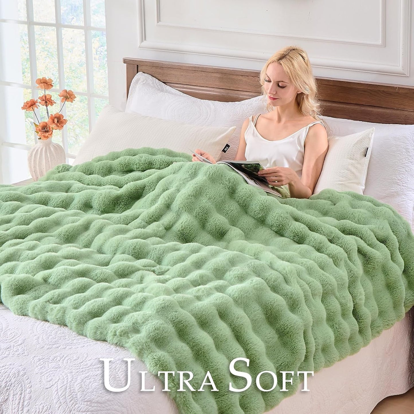 BENVWE Fluffy Faux Fur Throw Blanket for Couch, Soft Plush Thick Cozy Fuzzy Luxury Minky Bubble Blanket for Home Living Room Decor Gift for Women, Sage Green, 63" x 80", 1100GSM