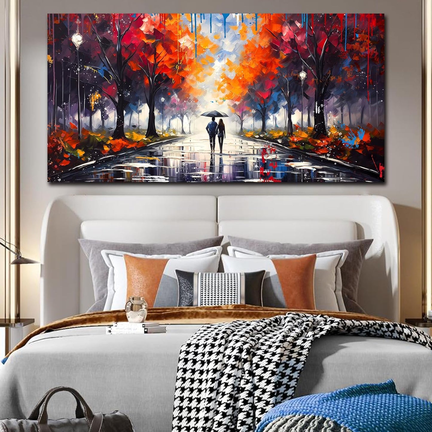 Large Canvas Wall Art for Living Room Bedroom Couple Walking in the Rain Picture Graffiti Red Tree Canvas Prints Framed Home Decor Size 30x60