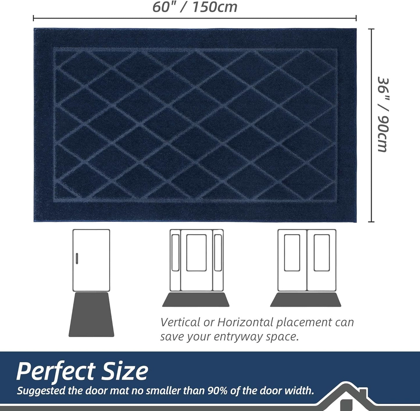 BEQHAUSE Dirt Trapper Door Mat 36" x 60", Doormat Non-Slip Entryway Rugs Washable, Dog Door Mat Stain Resistant and Absorbent Welcome Floor Mat for Front Back Door, Muddy Wet Shoes & Paws, Navy Blue