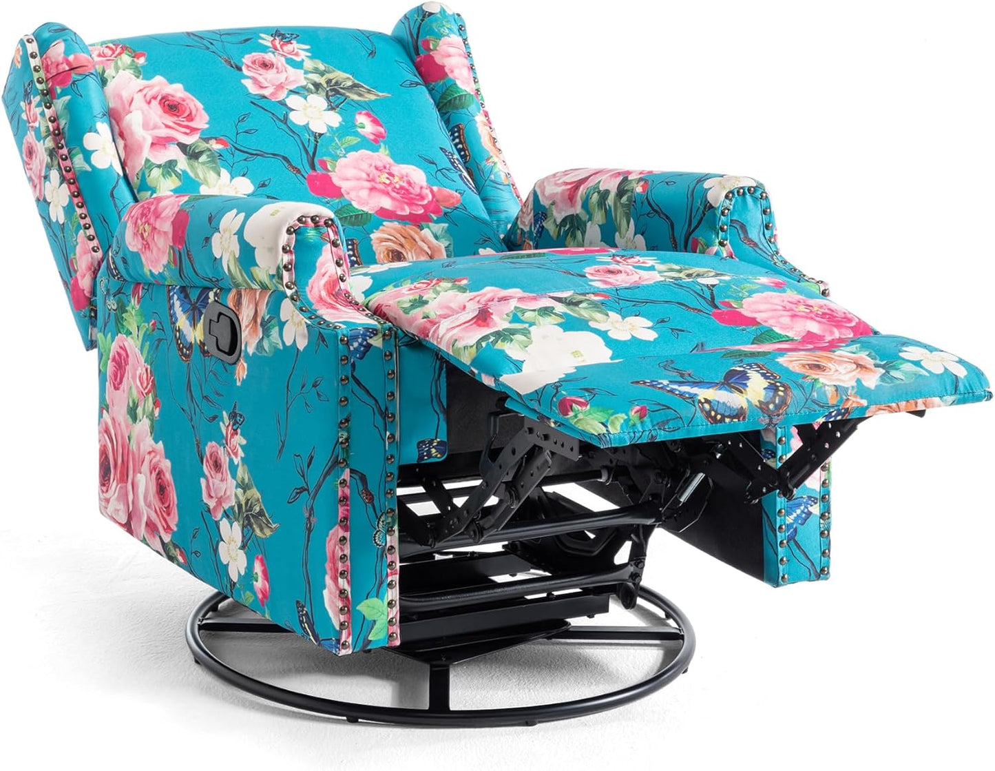 UIXE Swivel Rocker Manual Recliner Chairs Set of 2, Wingback Swivel Glider Fabric Nursery Reclining Sofa Chair, High Back Upholstered Arm Chair for Living Room Bedroom - Peacock Blue