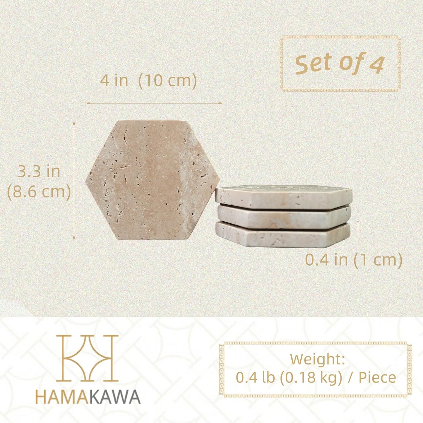 Real Natural Marble Coasters Set of 4, Vintage Stone Coasters 4 Inch, Hexagon Travertine Drink Coaster for Coffee Table, Living Room, Office Decor