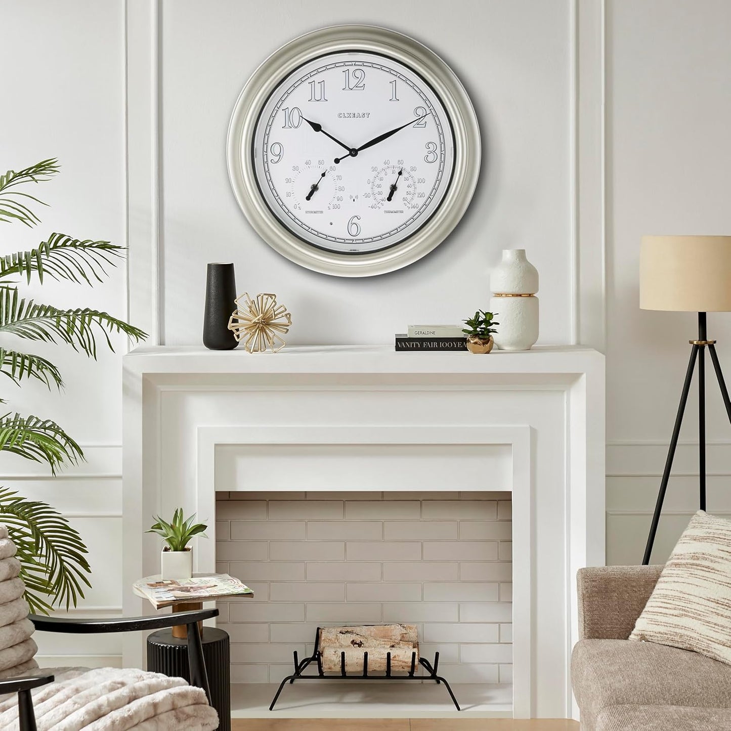 CLXEAST 18 Inch Illuminated Outdoor Indoor Atomic Analog Wall Clock with Temperature & Humidity Combo, Lighted Outdoor Clocks for Patio Large Waterproof with Thermometer, Modern Morning Silver/Gold