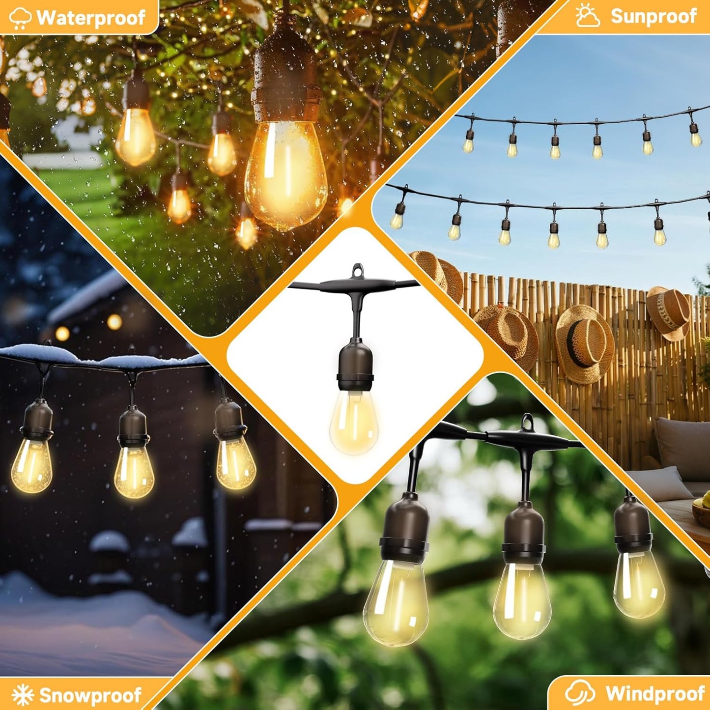 Outdoor Safety String Lights 150FT - 24V 20W Commercial Grade Low Voltage Strand with 60 S14 Shatterproof Bulbs for Tree Garden Yard Cafe Bistro | Warm Yellow 3500K | IP65 Waterproof | UL Listed