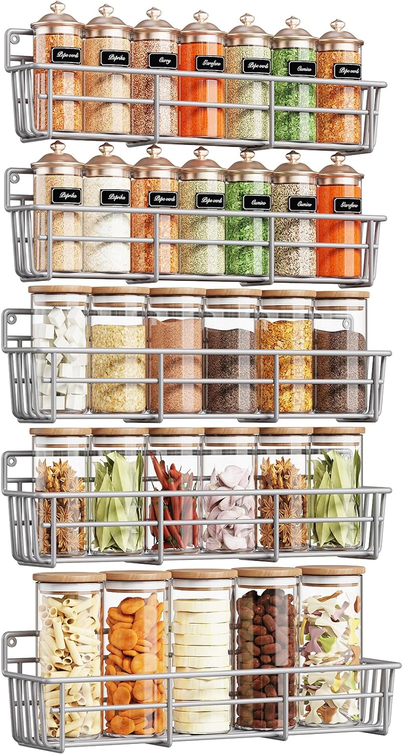 5 Pack Spice Rack Seasoning Organizer Wall Mount, Screw or Adhesive Hanging Shelf Basket Spice Organizer Shelf for Kitchen, Silver