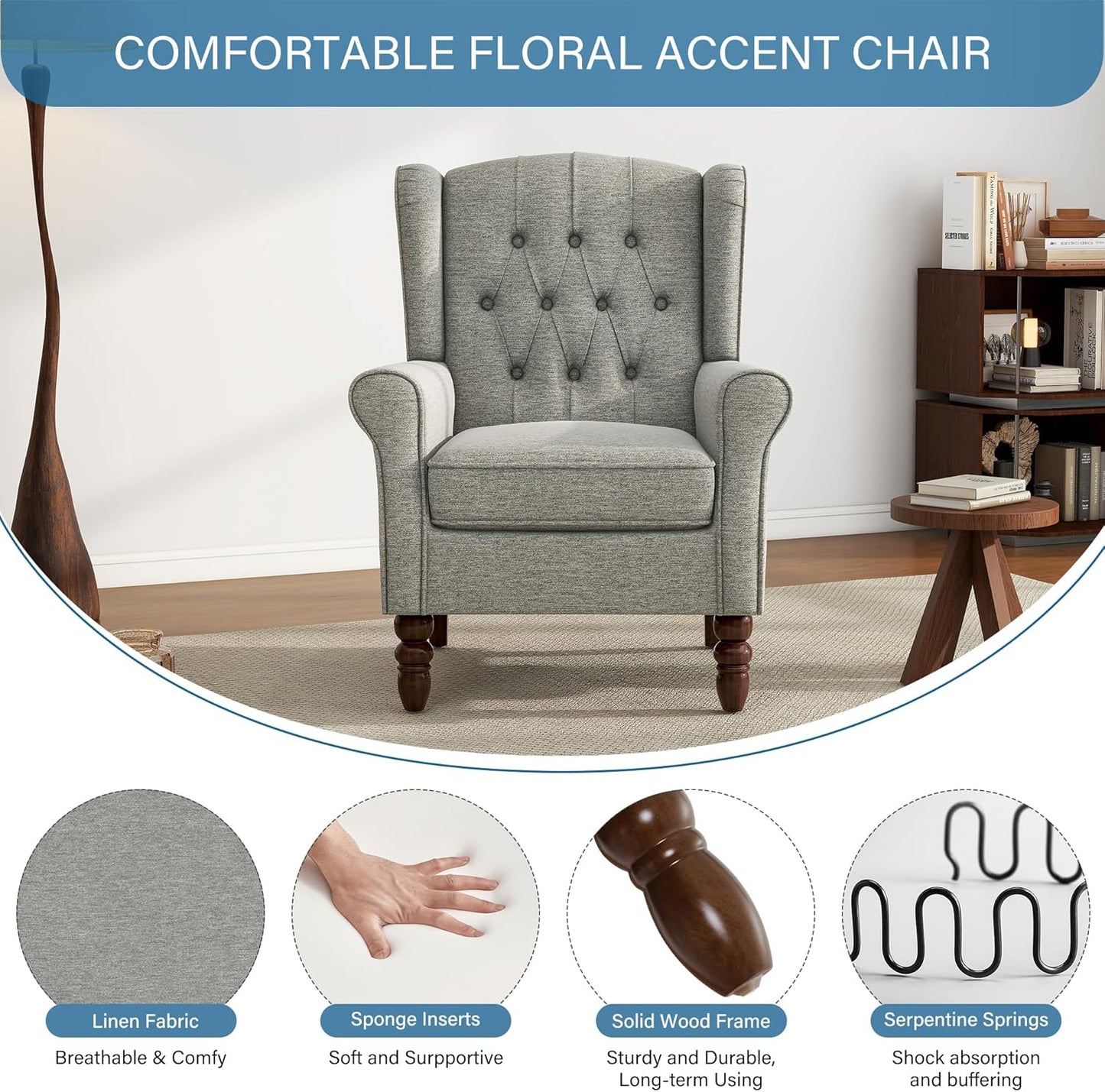 UIXE High Back Accent Chairs Set of 2, Upholstered Armchair in Fabric, Retro Wingback Arm Chair for Living Room, Comfy Single Sofa Bedroom Reading Seat with Solid Wood Legs - Light Gray