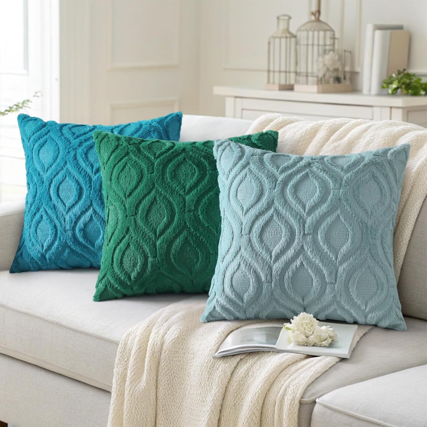 decorUhome Fall Throw Pillow Covers 20x20 Inch Set of 2, Soft Plush Decorative Faux Fur Aqua Solid Couch Pillow Covers, Accent Farmhouse Neutral Square Euro Pillow Cases for Sofa Bed Living Room