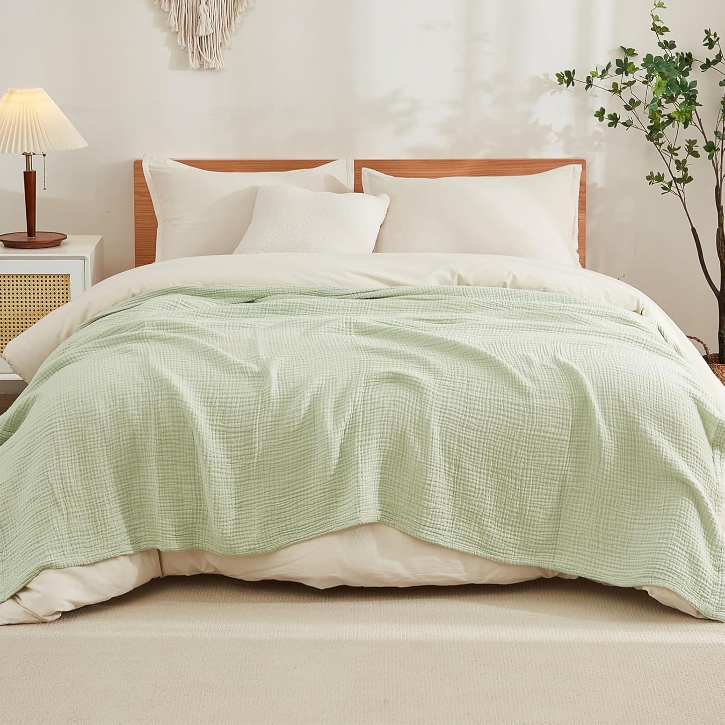 EMME Cotton Blanket Queen Size for Bed Soft Large Muslin Bed Blankets 90"x90" Lightweight Breathable All Season Gauze Blanket, Mint Green