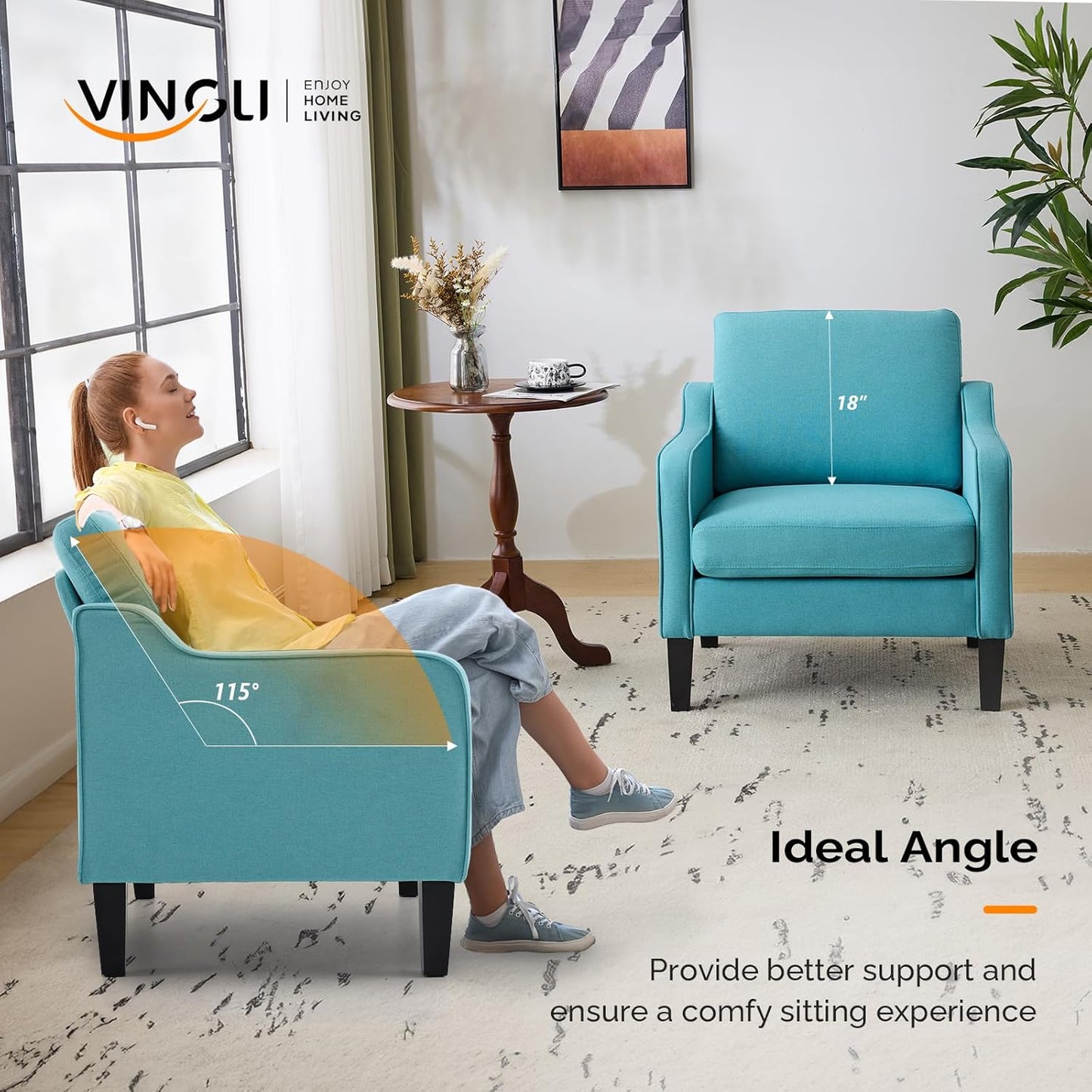 VINGLI Accent Chairs for Living Room Mid Century Modern Chair Sofa Chair Upholstered Arm Chair with Scooped Arms for Bedroom, Apartment, Office, Studio, Waiting Room, Play Room