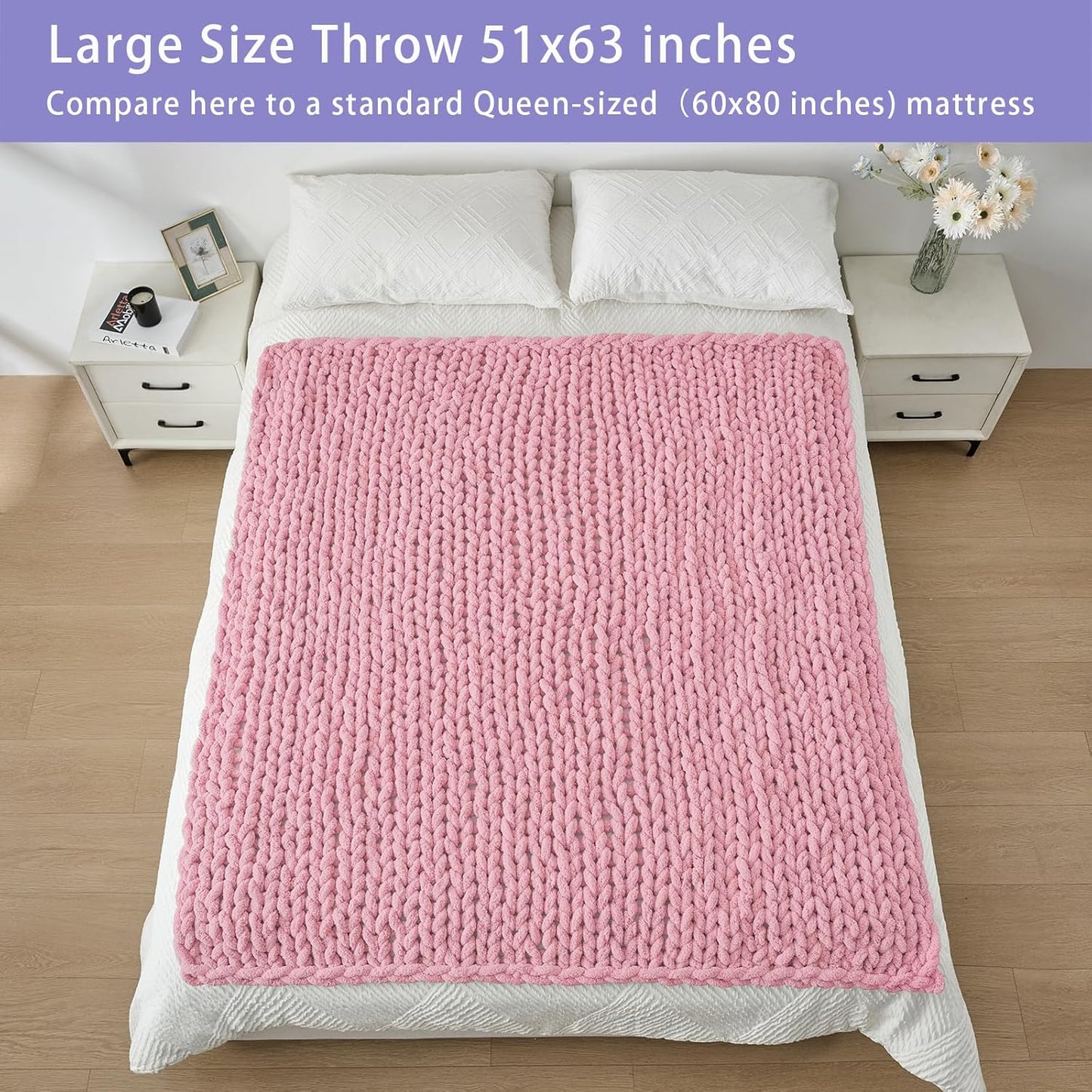 Bigacogo Chunky Knit Throw Blanket for Couch, 51x63 inches, 100% Hand Knitted with Thick Jumbo Chenille Yarn, Cozy Soft Large Rope Knot Cable Crochet Blankets for Sofa Bed Living Room, Blush Pink
