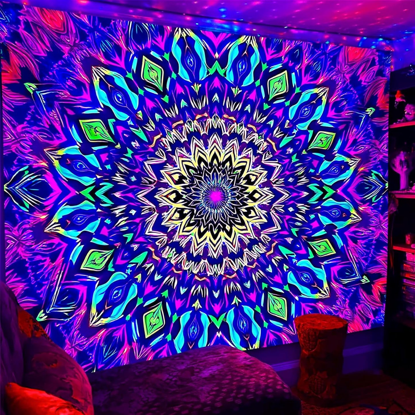 PSYHILAR Blacklight Mandala Tapestry for Bedroom, Medium Black Light Posters for Adults and Teens, Colorful UV Reactive Aesthetic Bohemian Wall Art Decor (60 x 50 Inches)