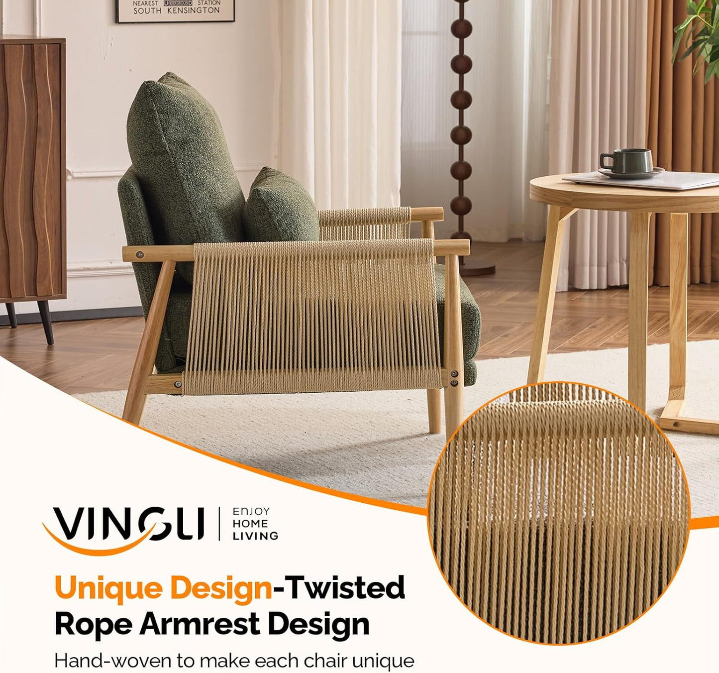 VINGLI Boho Braid Accent Armchair,Mid-Century Modern Chiar with Solid Wooden Armrest,Comfy Louge Cushion Chair with Waist Pillow for Bedroom,Living Room,Reading Room, Dark Green