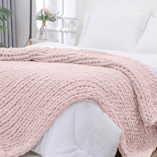 Bigacogo Chunky Knit Throw Blanket for Couch, 40x80 inches, 100% Hand Knitted with Thick Jumbo Chenille Yarn, Cozy Soft Large Rope Knot Cable Crochet Blankets for Sofa Bed Living Room, Rose Tan