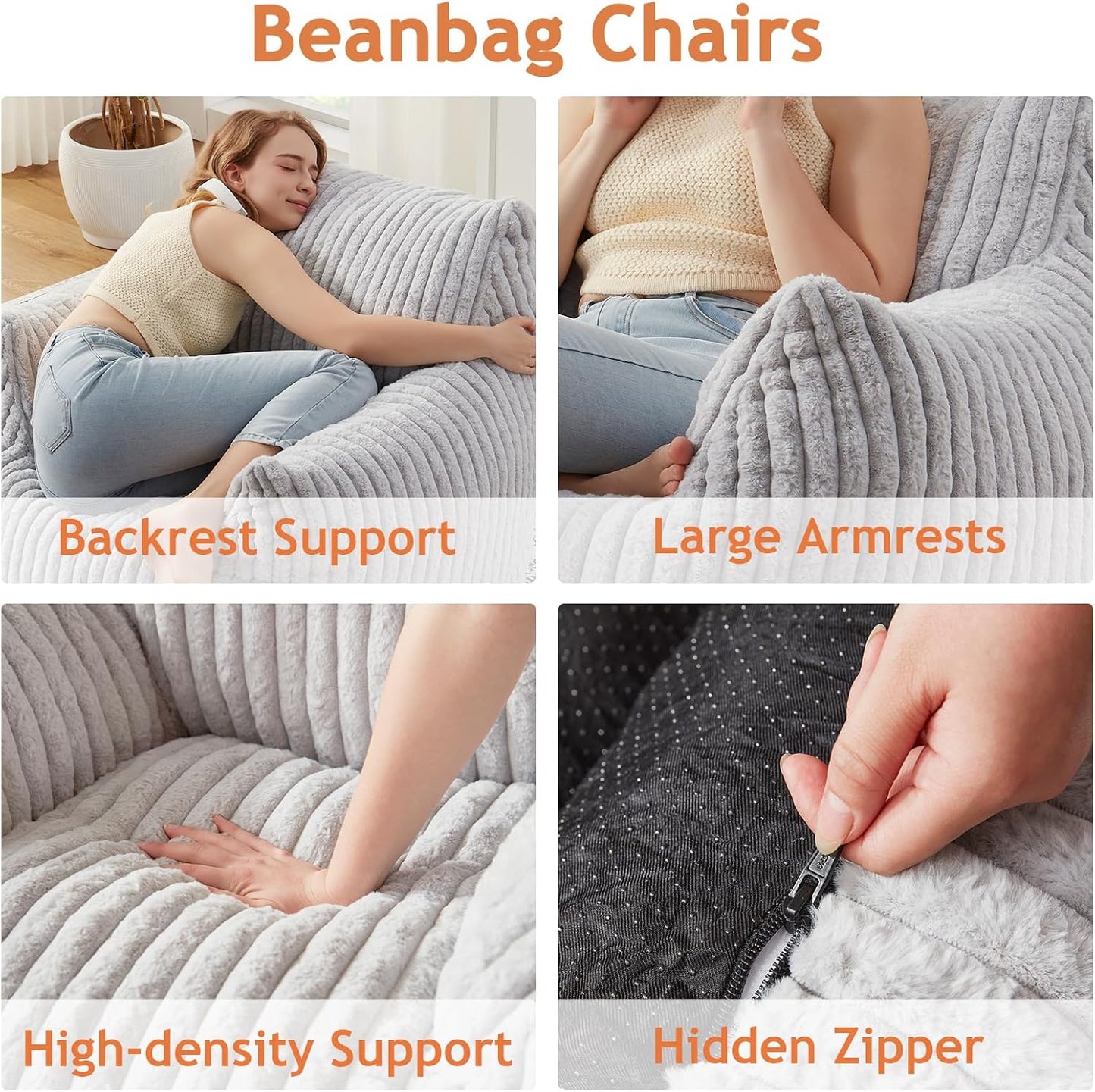 Giant Bean Bag Chairs for Adults with Filling Plush Fluffy Bean Bag Chairs for Teens with Armrests Comfy BeanBag Lazy Couch Sofa Chair for Bedroom Living Room Reading