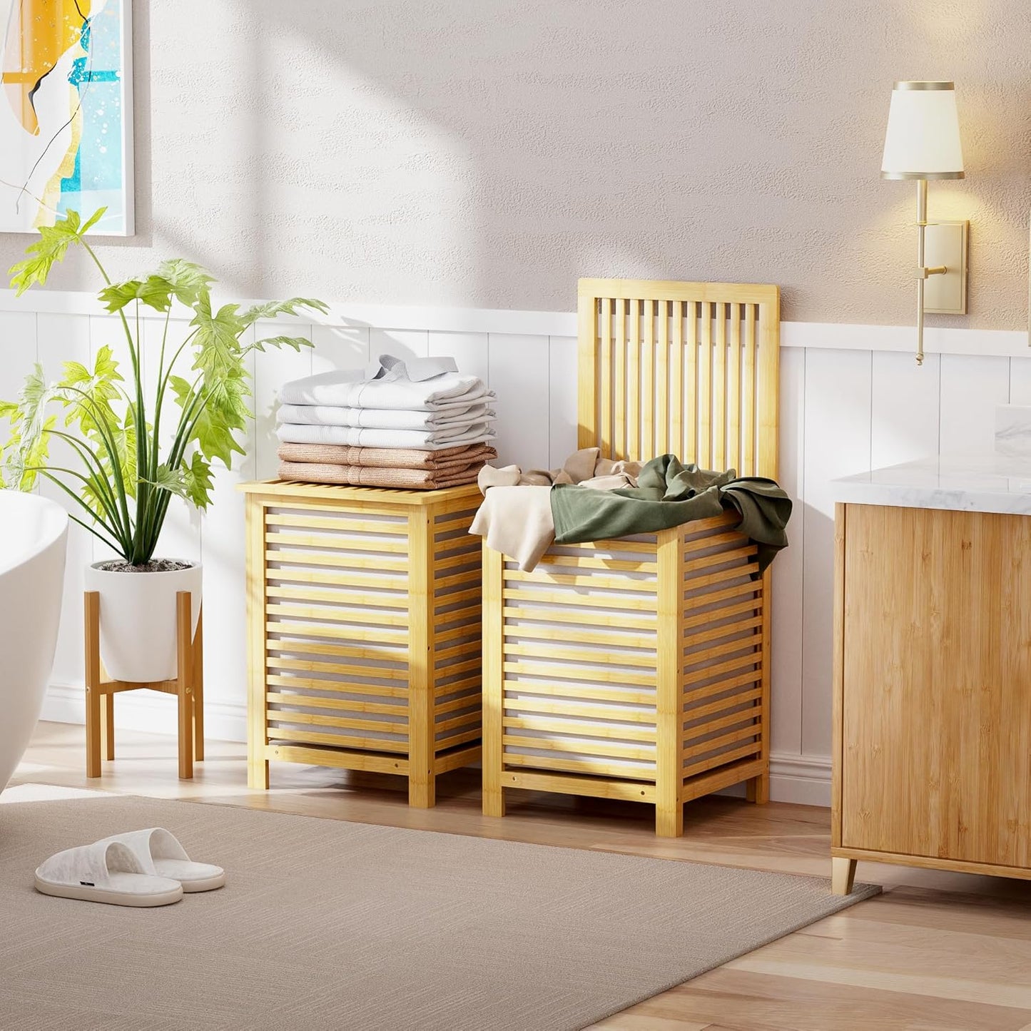 SMIBUY Double Laundry Hamper with Lid, 120L Bamboo Laundry Basket with Removable Liner Bag, 2-Section Clothes Divider Laundry Sorter for Laundry Room, Bathroom, Bedroom (Natural)