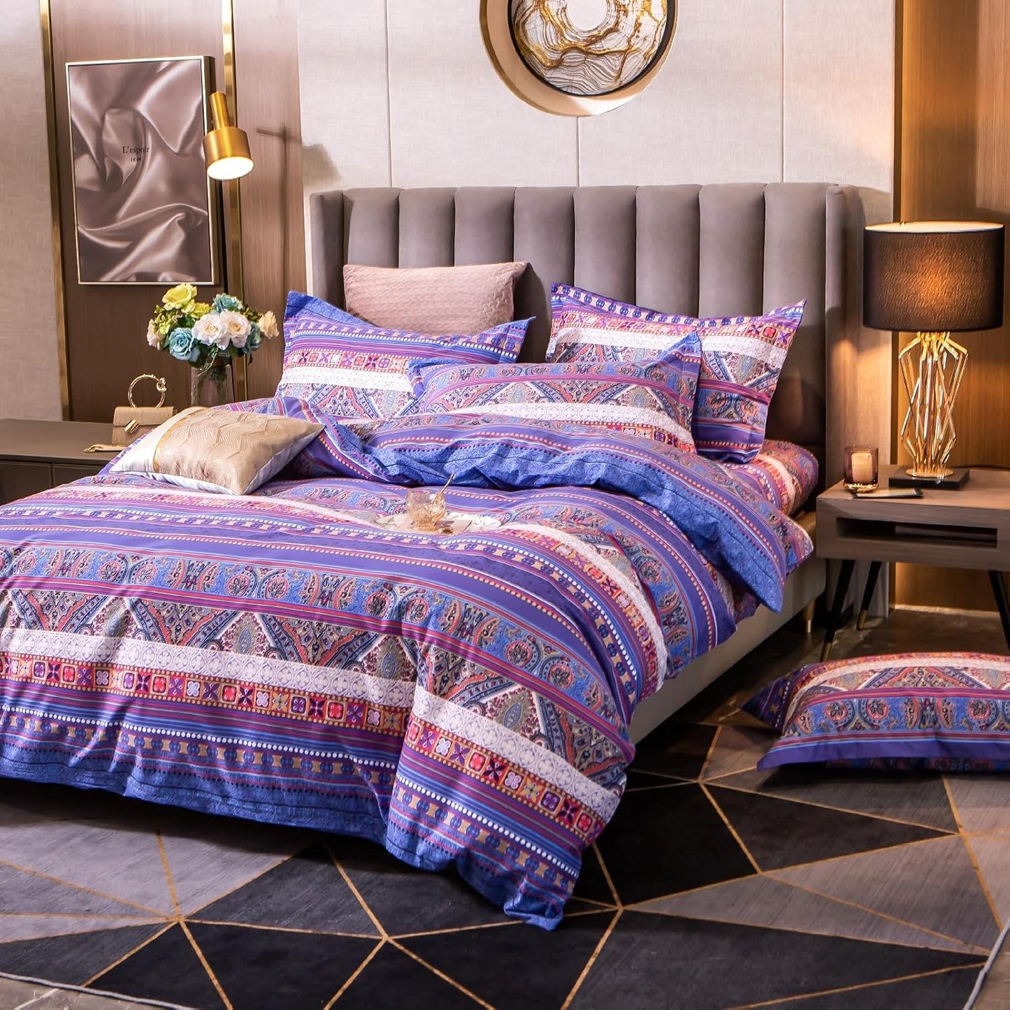 ABREEZE Bohemian Vintage Queen Size Floral Cotton Bedding Set 3Pcs Duvet Cover Set Boho Purple Paisley 100% Egyptian Brushed Cotton Reversible Home Bedding Collection