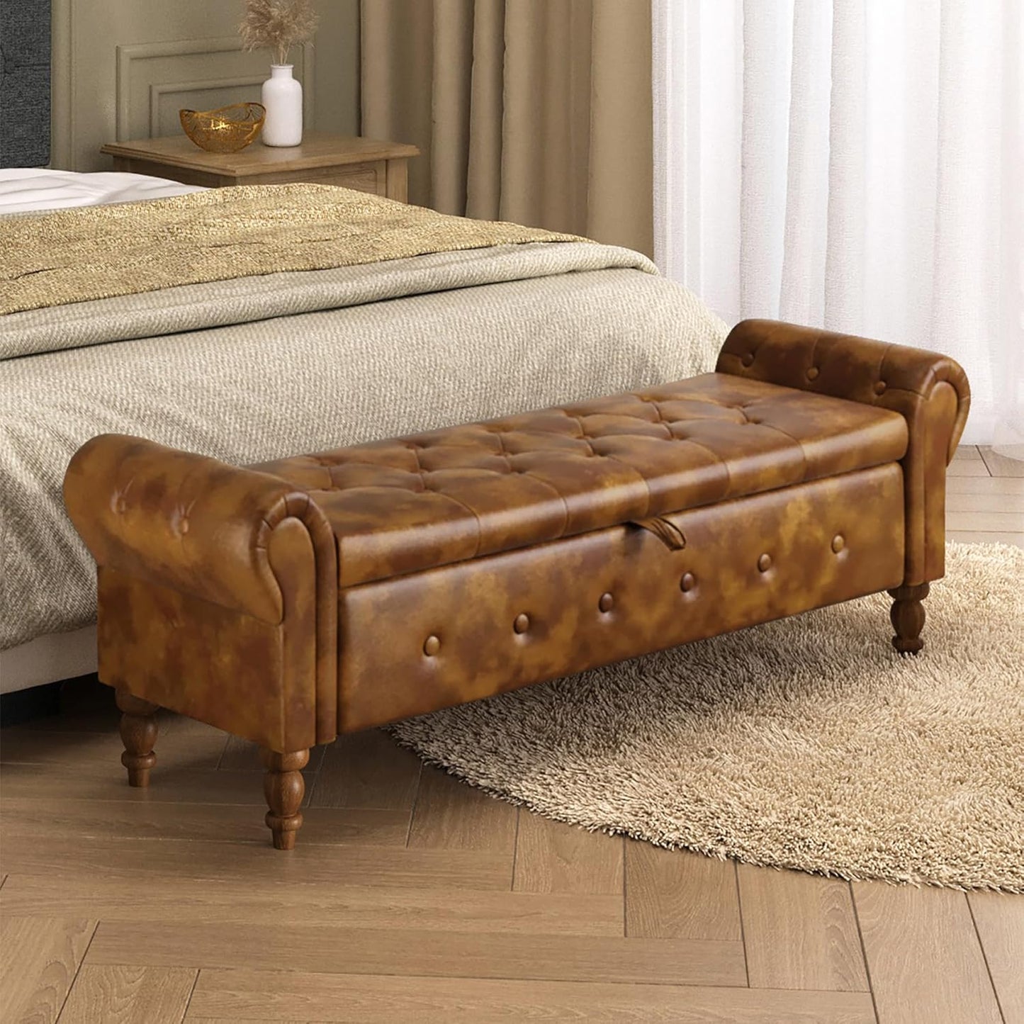 Storage Ottoman Bench for Bedroom, 52" Leather End of Bed with Rolled Arms, Upholstered Ottoman Fit for Living Room, Entryway, Faux Leather Brown