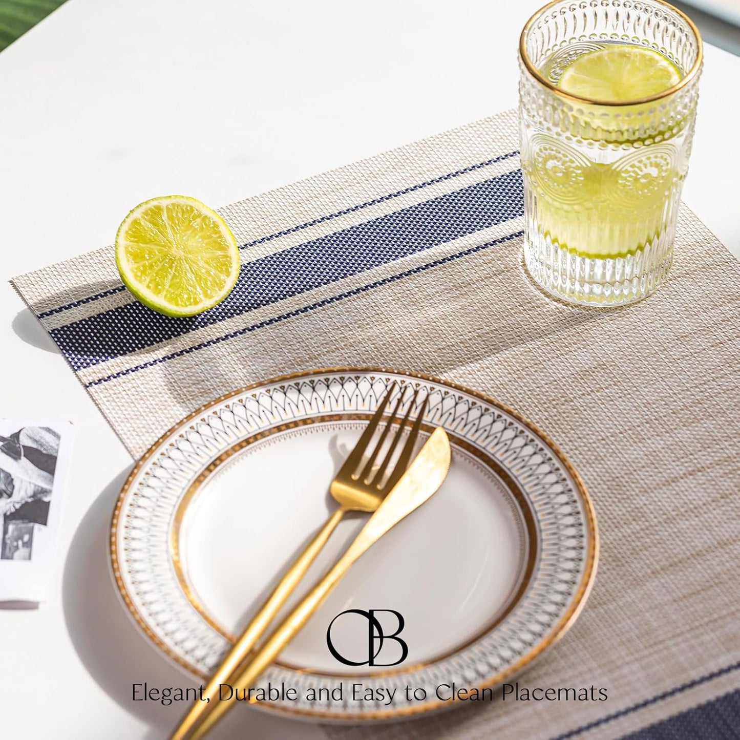 Placemats Set of 8 - Easy Clean Woven Vinyl Placemats for Dining Table, Indoor/Outdoor Place Mats, Washable PVC Table Mats（Blue Skyline）