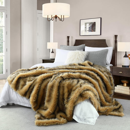 Luxury Plush Faux Fur Blanket King Size, Long Pile Golden Yellow with Black Tips Throw, Oversized Super Warm, Fuzzy, Elegant, Fluffy Shaggy Throw Blanket for Sofa, Armchair, Couch and Bed, 104"x90"