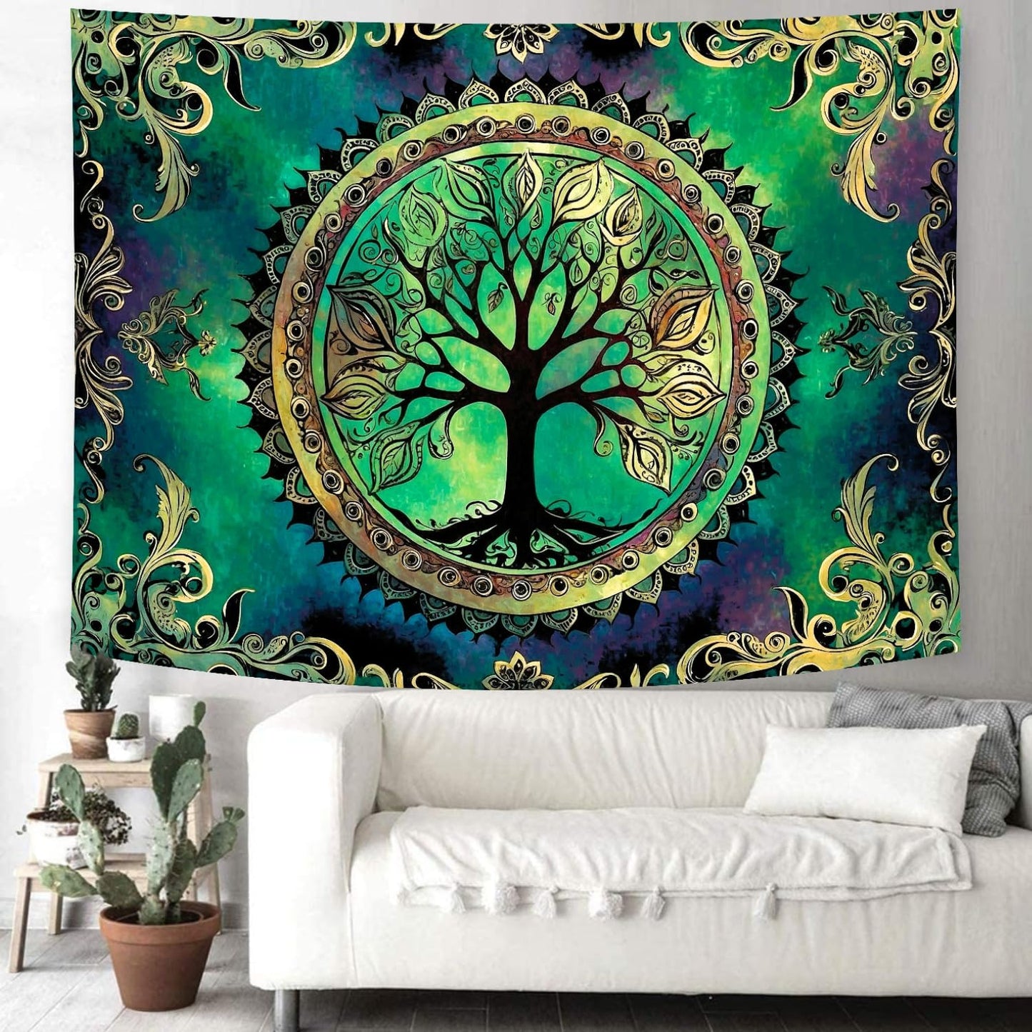 Delur Tree of Life Tapestry Green Nature Bohemian Mandala Spiritual Tapestry Wall Hanging Mystical Landscape Hippie Psychedelic Headboard for Bedroom Living Room Home Decor (51.2" x 59.1")