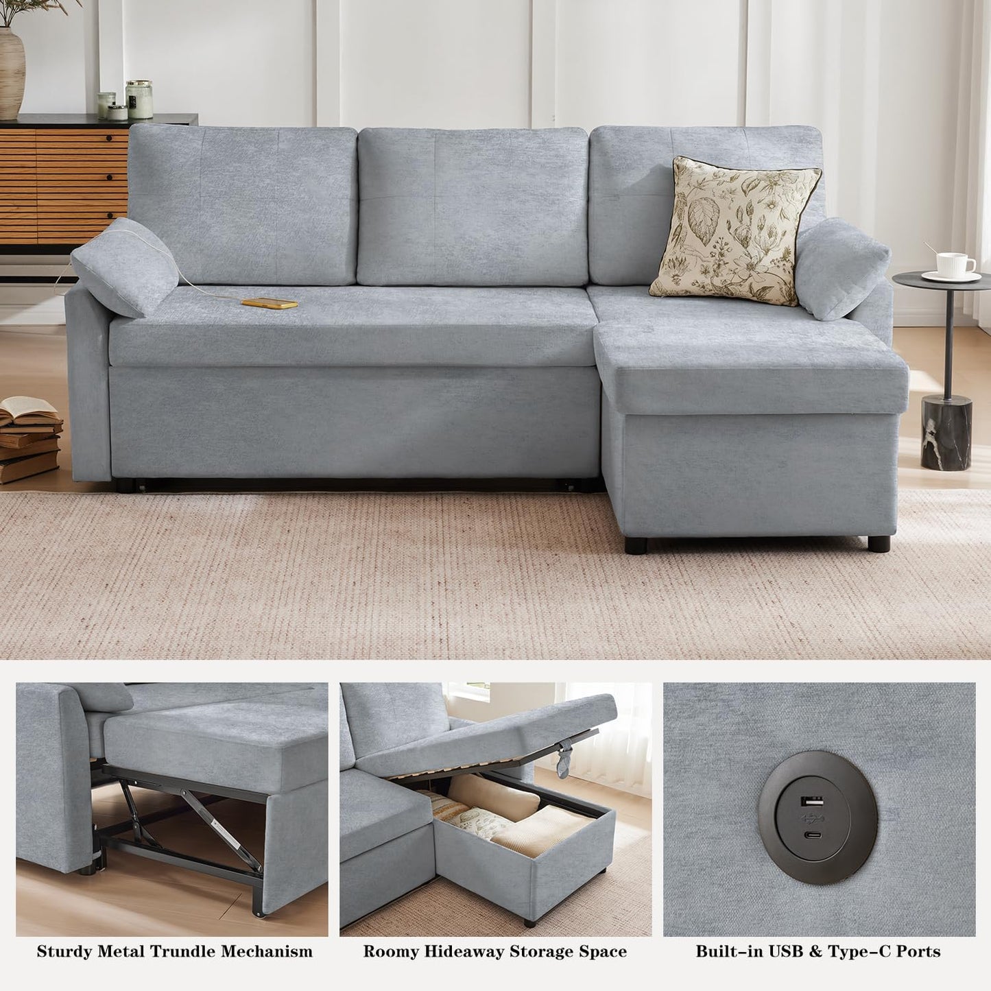Waxberry Sectional Sofa Couch, Pull Out Couch Sleeper Sofa Bed with Storage for Living Room, Reversible Chaise, Side Pockets & Dual USB/Type-C Ports, Grey