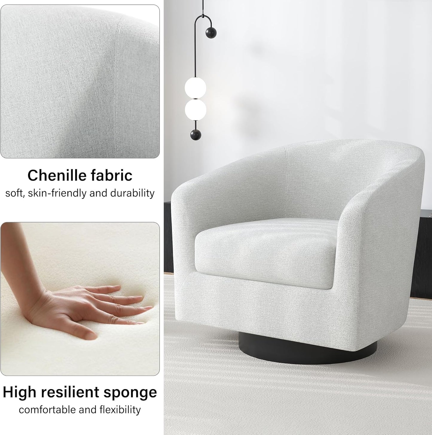 Swivel Barrel Accent Chair, Modern Round Chenille Fabric Arm Chair for Living Room, Bedroom, Comfy Club Reading Chairs for Adults（Chenille Fabric, Beige, Set of 4