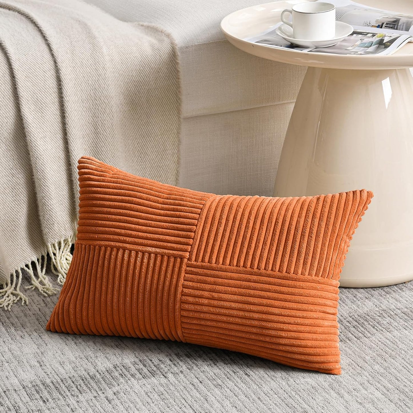 Fancy Homi 2 Packs Burnt Orange Lumbar Decorative Throw Pillow Covers 12x20 Inch for Living Room Couch Bed Sofa, Farmhouse Boho Home Decor, Soft Striped Corduroy Rectangle Accent Cushion Case 30x50 cm