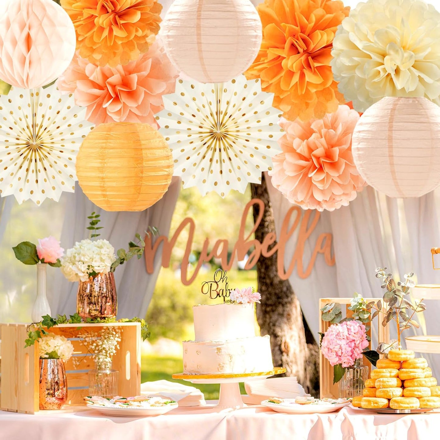 Beige-Orange Peach Fall Party-Decorations Paper-Lanterns- 14pcs Autumn Thanksgiving Harvest Birthday Boho Streamers Fan,Tissue Pom Poms, Baby Bridal Shower Wedding Engagement Decor Lasting Surprise