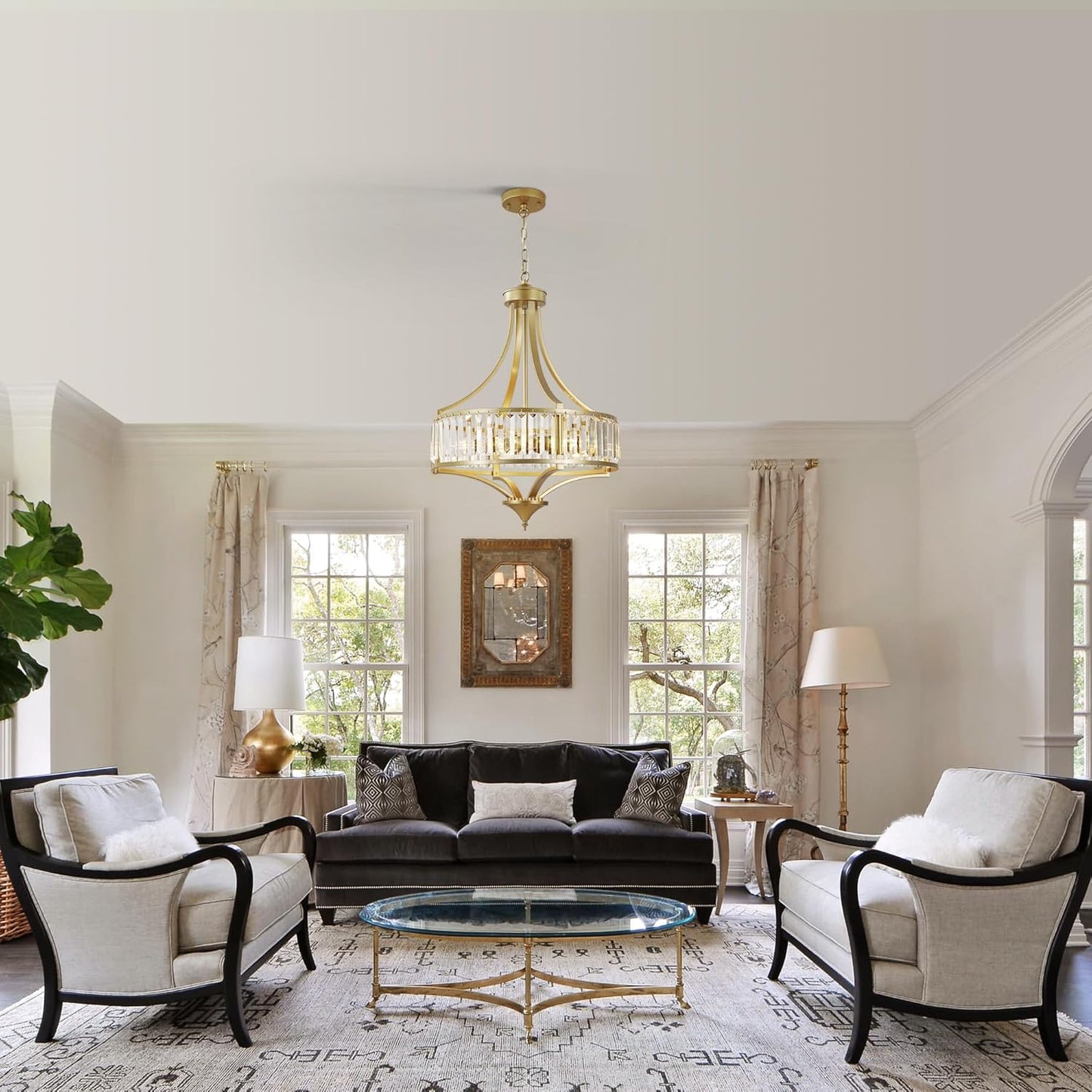 20" Modern Crystal Chandelier, 5-Light Gold Dinning Room Light Fixtures Over Table, Hanging Round Pendant Chandelier for Kitchen Island Entryway Bedroom Office Bathroom Stairwell