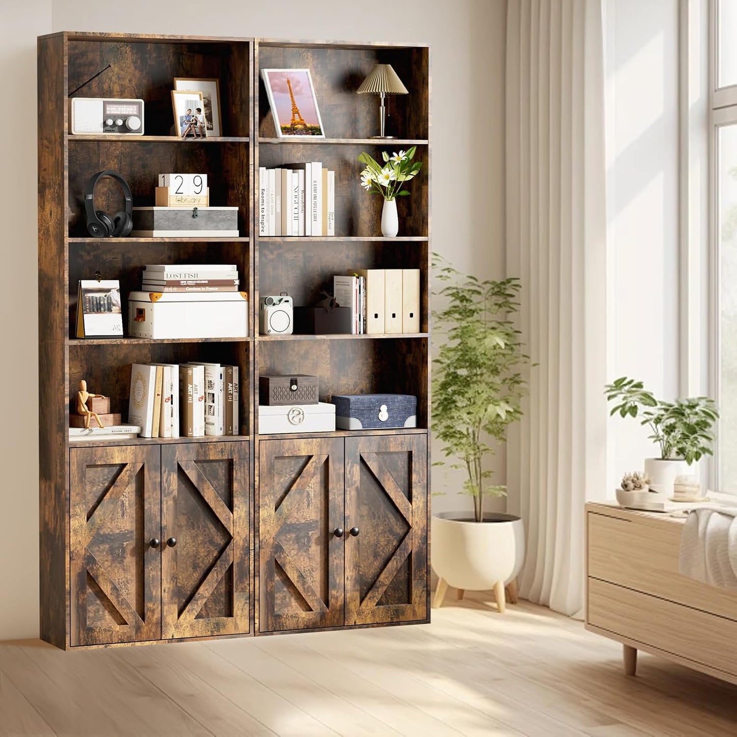 Tall Brown Wooden Bookshelf with Cabinet and Doors – 70.86" Bookcase with Doors, 6 Shelf Freestanding Tall Book Shelf for Living Room Storage, Bedroom, Home Office Organization – Brown Bookcase Wood