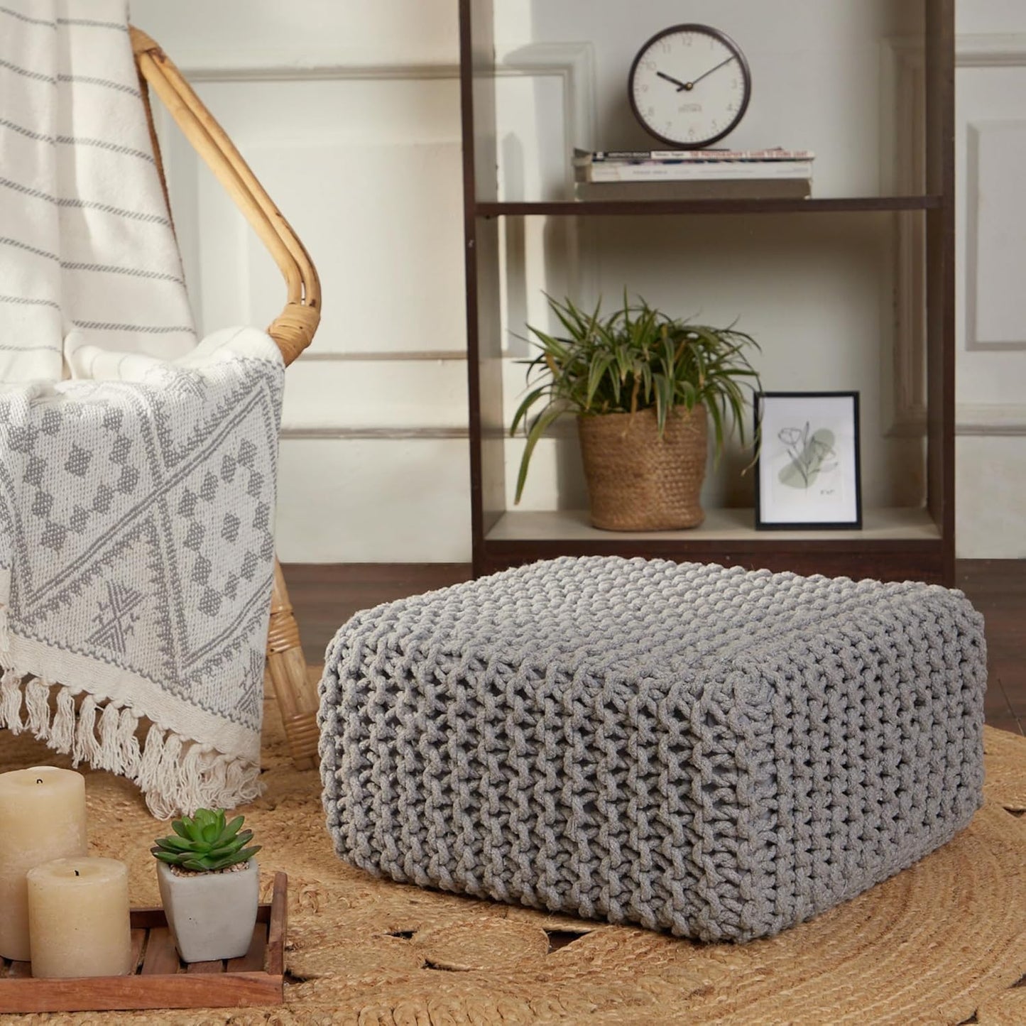 REDEARTH · Cube Low Pouf Foot Stool Ottoman - Hand Knitted Poof - Cord Boho Pouffe - Home Décor - Stuffed Footrest for Living Room - Nursery - Bedroom - Patio (16" x 16" x 8") - Light Gray