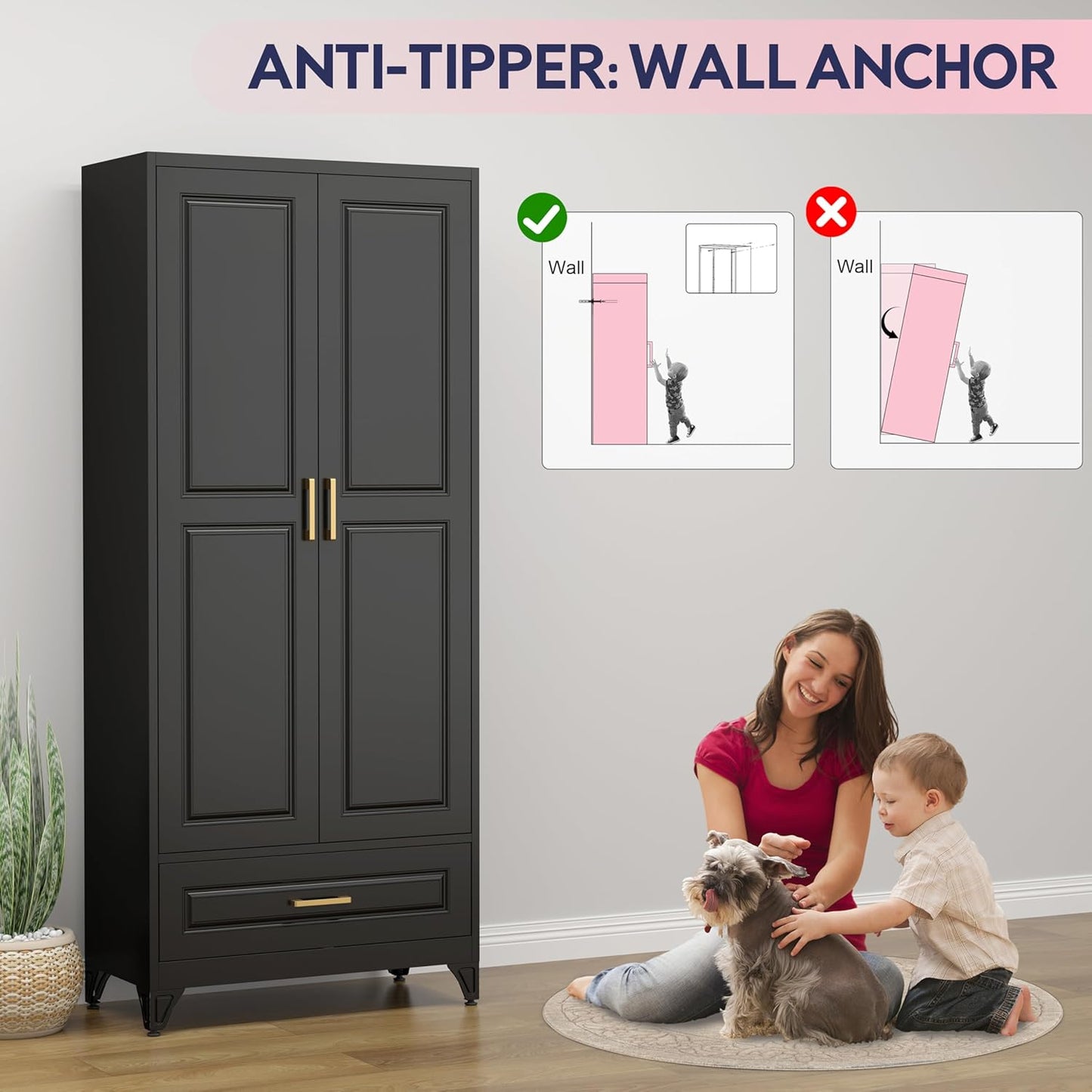 Pantry Kitchen Cabinet with Drawer, 75" Tall Pantry Storage Cabinet, Metal Storage Cabinets with Doors and Shelves, Large Freestanding Cupboard for Dining Room, Assembly Required, Black