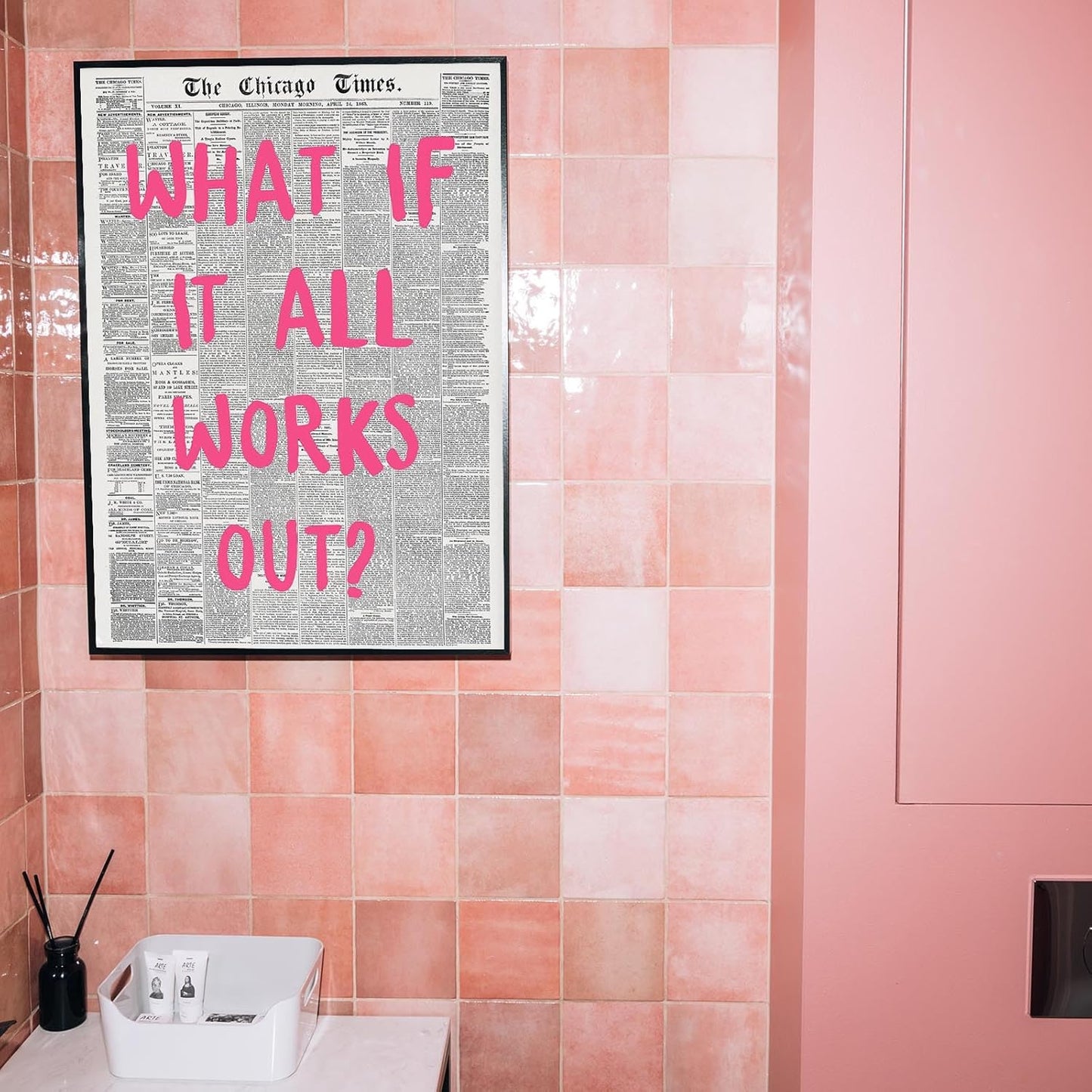 Liyark Retro Trendy Newspaper Canvas Wall Art 'What If All Works Out' Poster - Positive Affirmation Quote - Pink Font - Minimalist Home Decor - Framed 12x16in